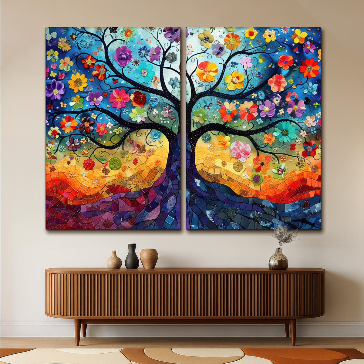 LEINWANDBILD 2er Set Bunt - Baum des Lebens - Blumen - Abstrakt 240x180 cm - Blau, Textil (240/180cm) - MuchoWow