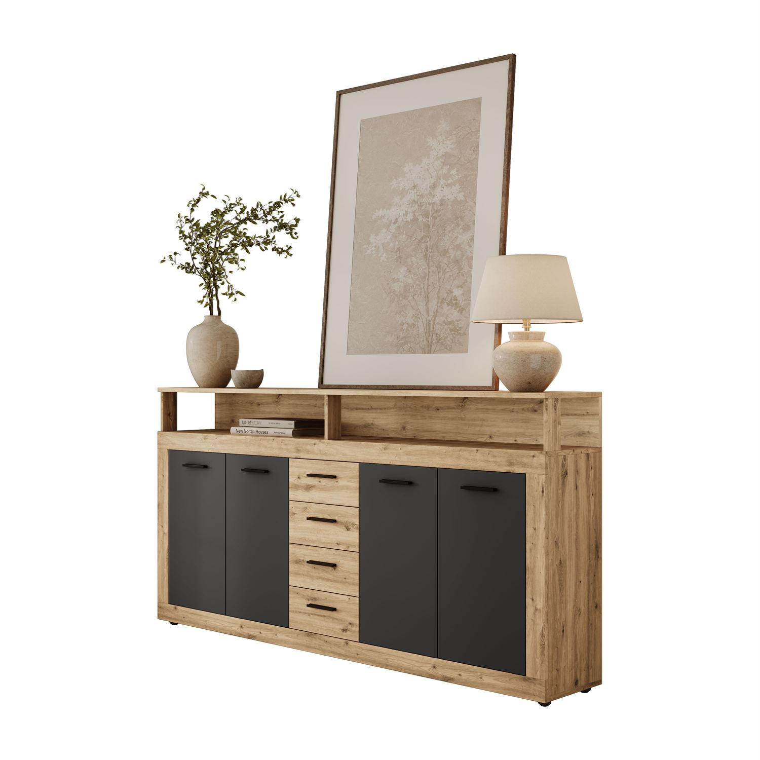 KOMMODE ROMANO mit Schubladen - Schwarz/Eiche Artisan, Holzwerkstoff (190/96/32cm) - Lookway