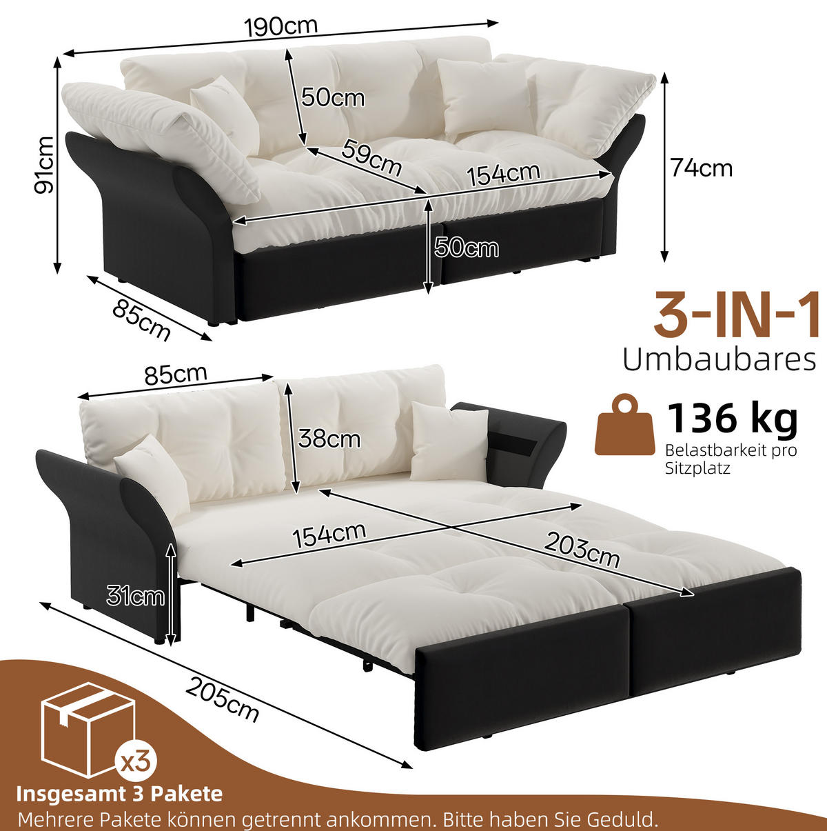 SCHLAFSOFA 3-in-1 ausziehbar 190 x 85 x 91 cm Velours Beige - Beige, Metall (85/91/190cm) - Meubliv