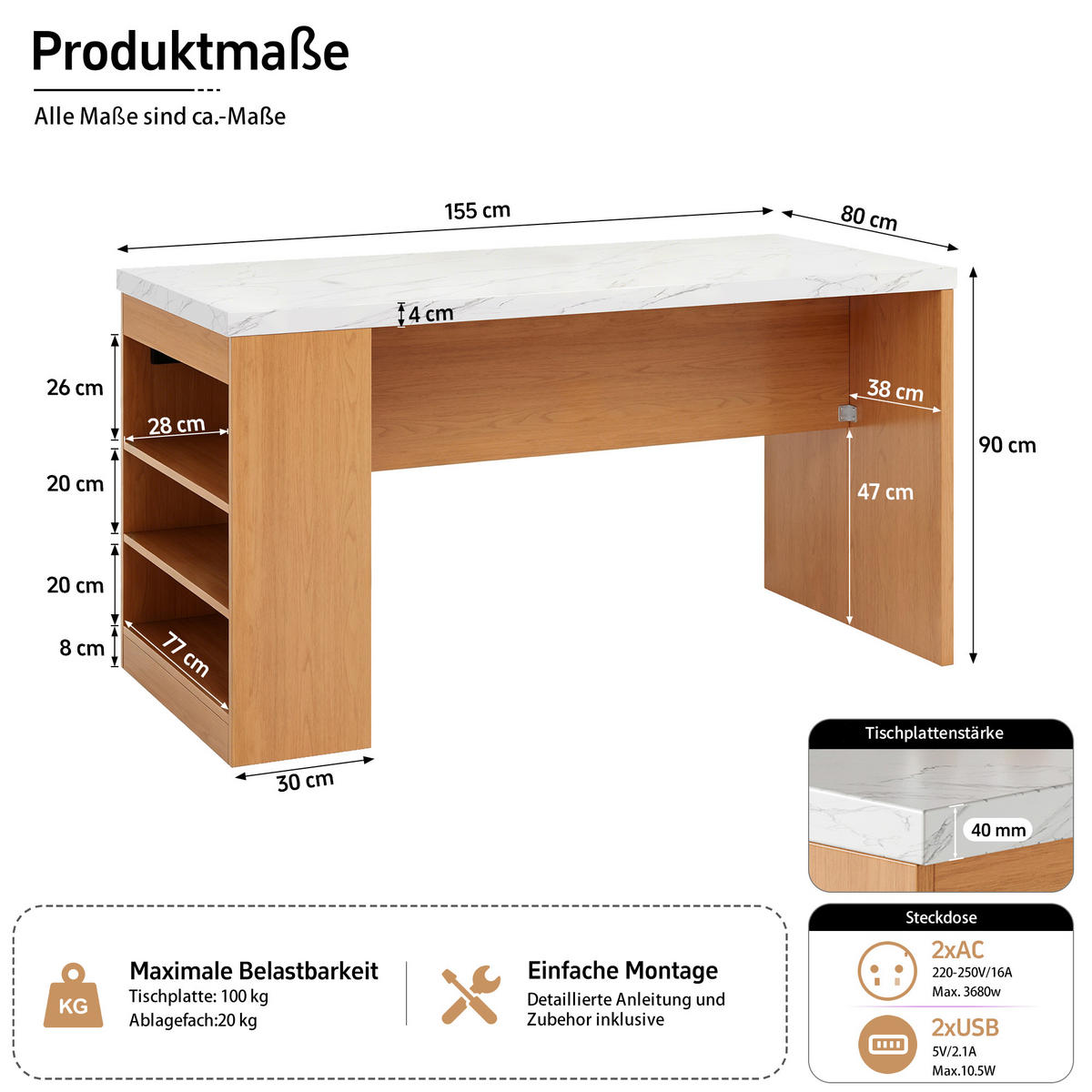 KÜCHENINSEL 90 cm MDF Natur Weiß mit LED-Beleuchtung und USB-Steckdose - Weiß, Holzwerkstoff (80/90/155cm) - Korfee