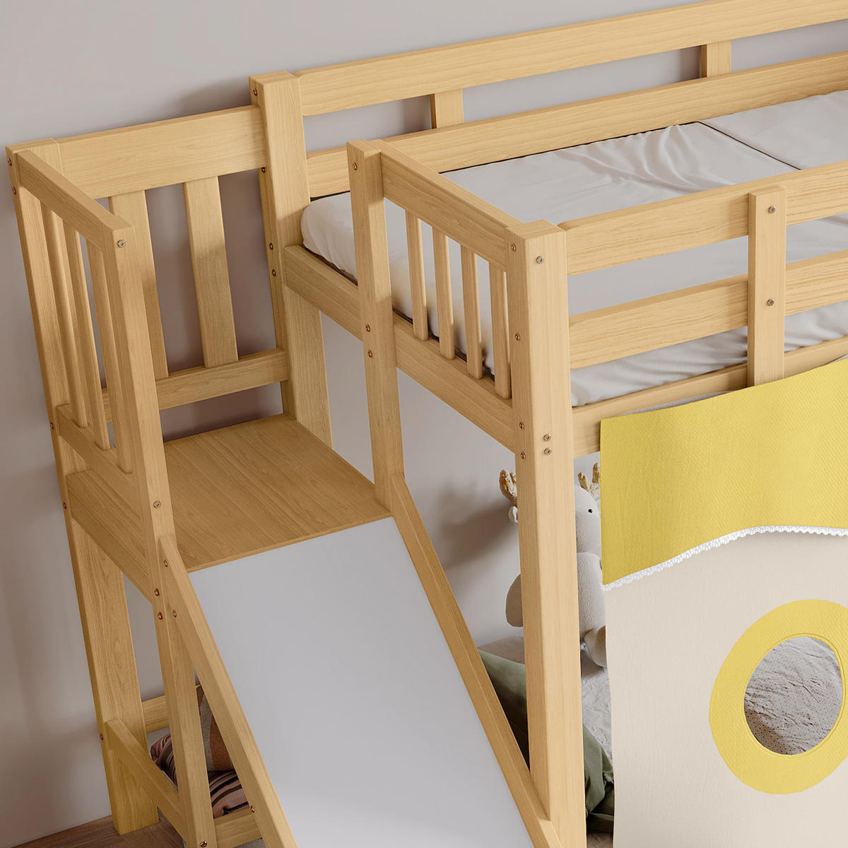 ETAGENBETT 90/200 cm aus Holz mit Treppe, Rutsche, Vorhang und Fallschutz, Natur - Naturfarben, Holz (90/200cm) - Redom