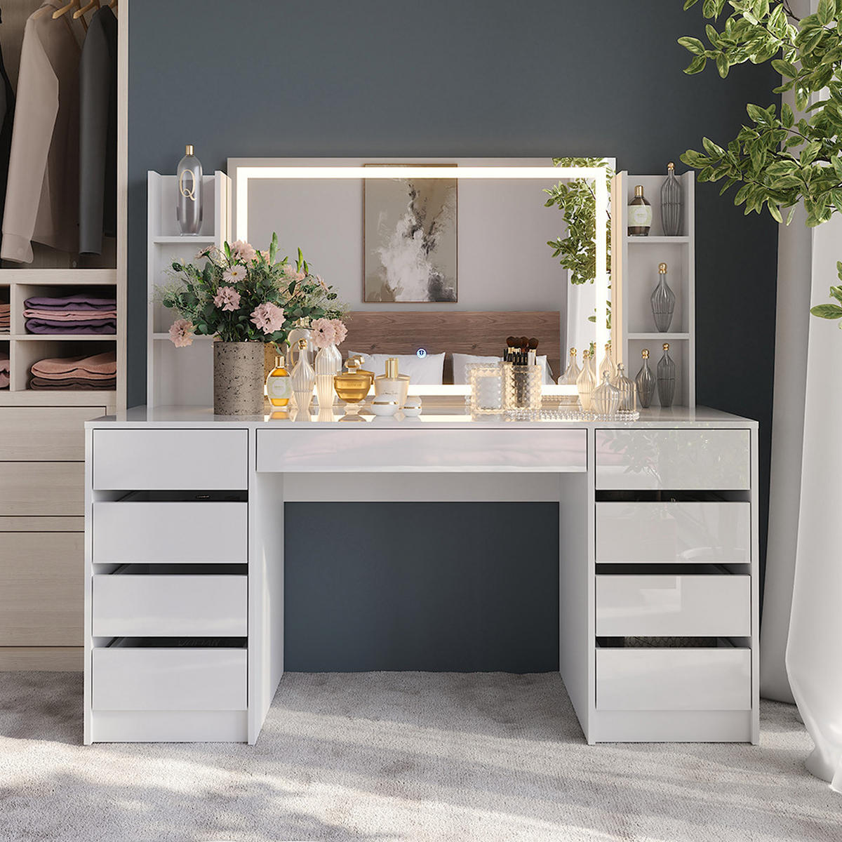 SCHMINKTISCH Sherry Weiß/Weiß Hochglanz 158.2 cm 4 Teile - Weiß Hochglanz, Holzwerkstoff (158.2/76/50.1cm) - Vicco