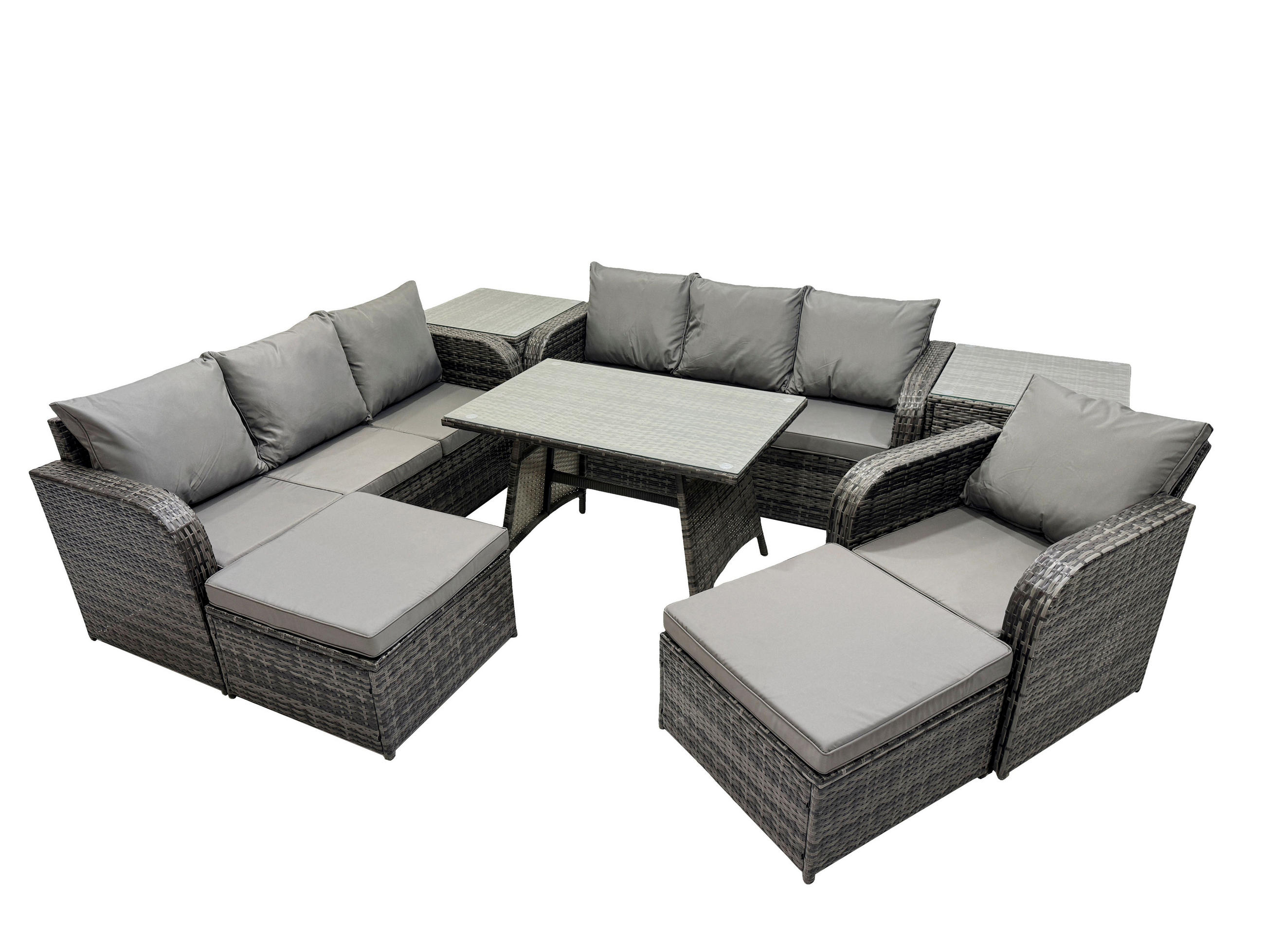 GARTENSET Hohe Rückenlehne Polyrattan 9-Sitzer - Dunkelgrau/Grau, Glas/Kunststoff - Fimous