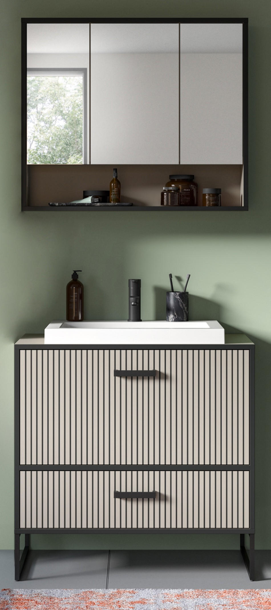 BADMÖBEL-SET schwarz, sand mit Waschbecken 80 cm, Kombination mit Soft-Close - Sandfarben/Schwarz, Glas/Keramik (80/192/48cm) - Inn.Furn