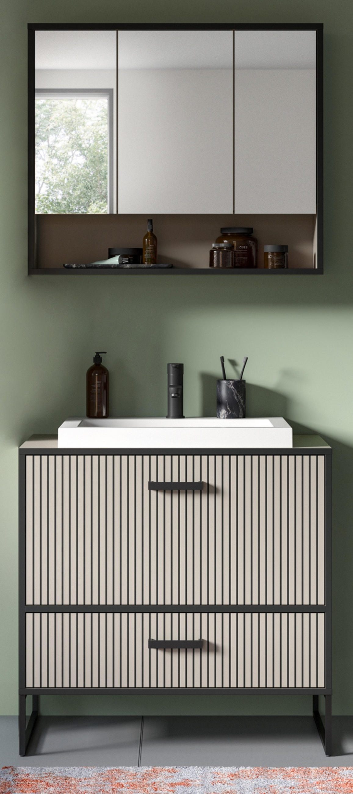BADMÖBEL-SET schwarz, sand mit Waschbecken 80 cm, Kombination mit Soft-Close - Sandfarben/Schwarz, Glas/Keramik (80/192/48cm) - Inn.Furn