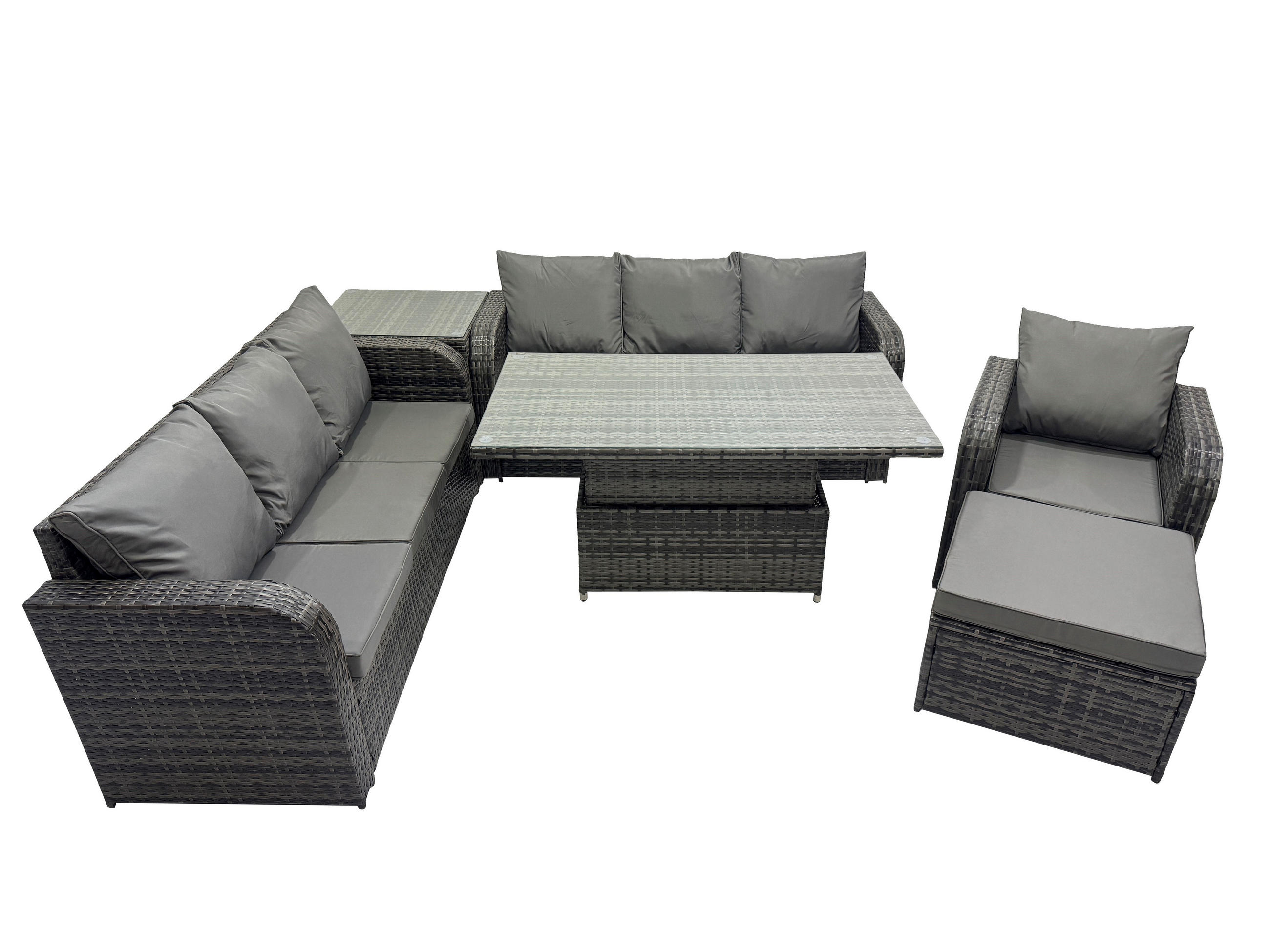 GARTENMÖBELSET mit Beistelltisch Höhenverstellbarer Esstisch 8-Sitzer Grau - Dunkelgrau/Grau, Glas/Kunststoff - Fimous