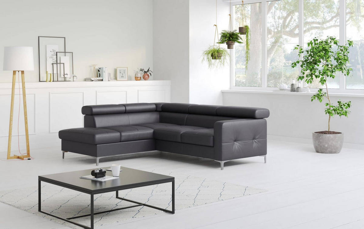 ECKSCHLAFSOFA aus Echtleder mit Schlaffunktion und Bettkasten - Chromfarben/Silberfarben, Leder/Holz (242/207cm) - Cotta