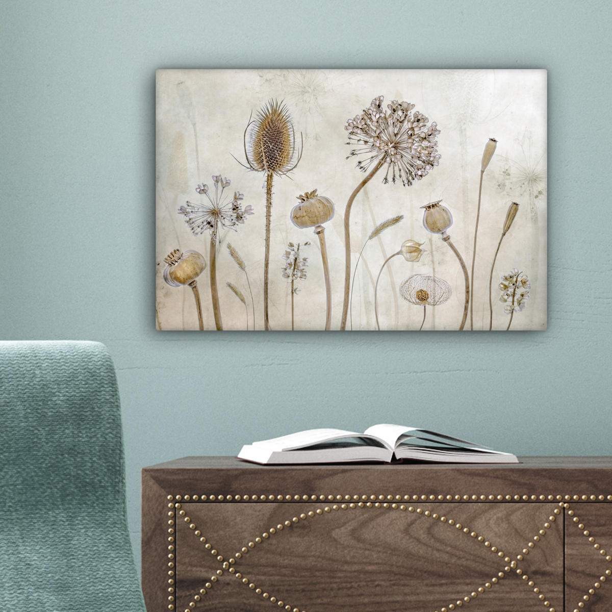 LEINWANDBILD Blumen - Aquarell - Stilleben - Braun - Vintage Deko Schlafzimmer 30x20 cm - Beige, Textil (30/20cm) - MuchoWow