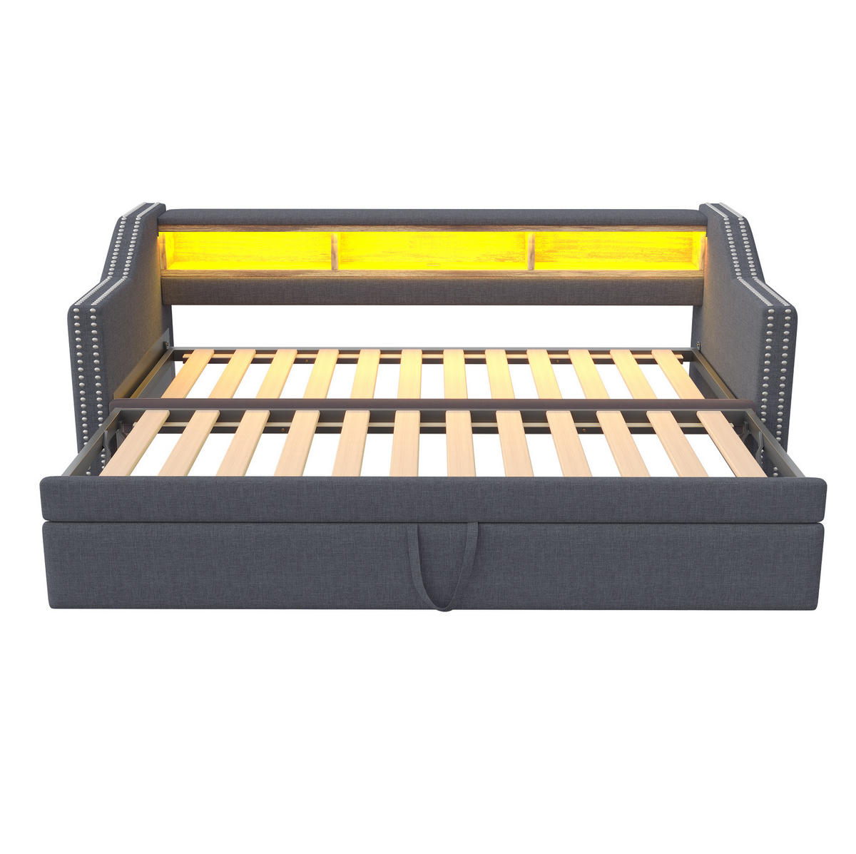 BETT aus Leinen 90/180x190 cm Dunkelgrau mit Ausziehbett, LED, USB und Ablagefächern - Dunkelgrau, Textil (140/200cm) - Modfu
