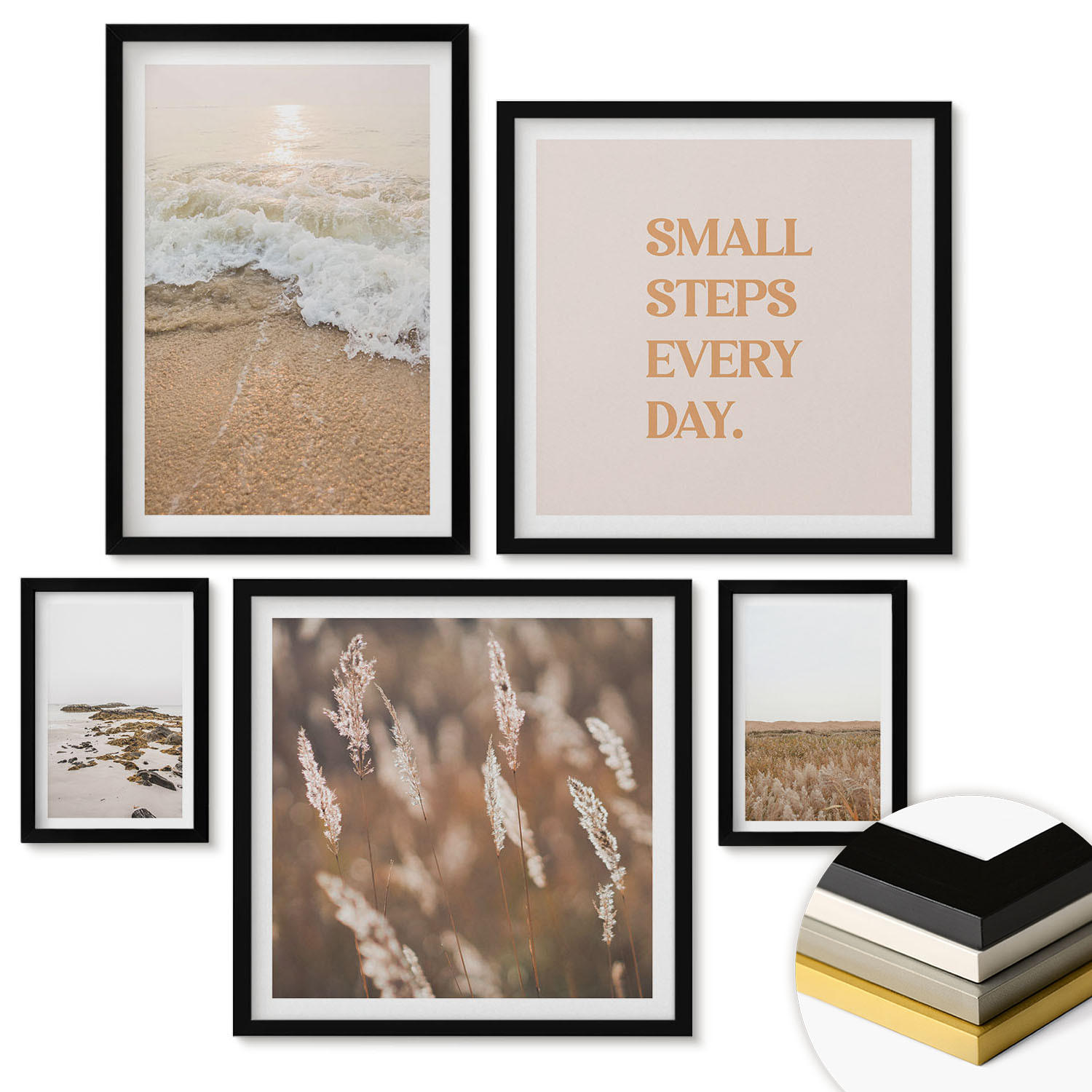 WANDBILDER 5er-Set - 50x50 cm & 20x30 cm & 40x60 cm Schwarzer Rahmen - Strandwellen, Steine, Sommer - Schwarz, Kunststoff (40/60cm) - ArtPrintCave