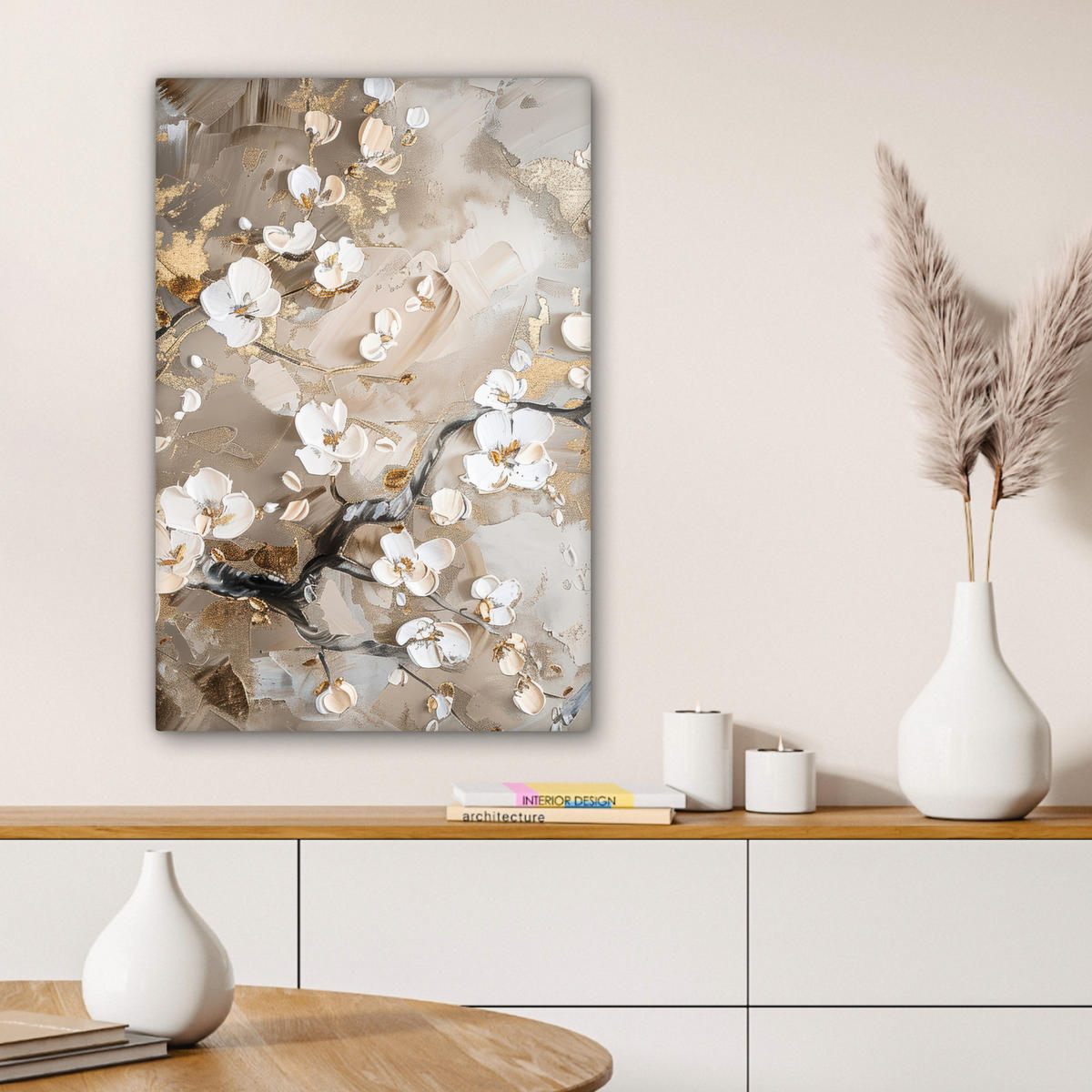 LEINWANDBILD - Blumen - Weiß - Gold - Beige - Luxus - 60x90 - Kunstdruck - Greige, Textil (60/90cm) - MuchoWow