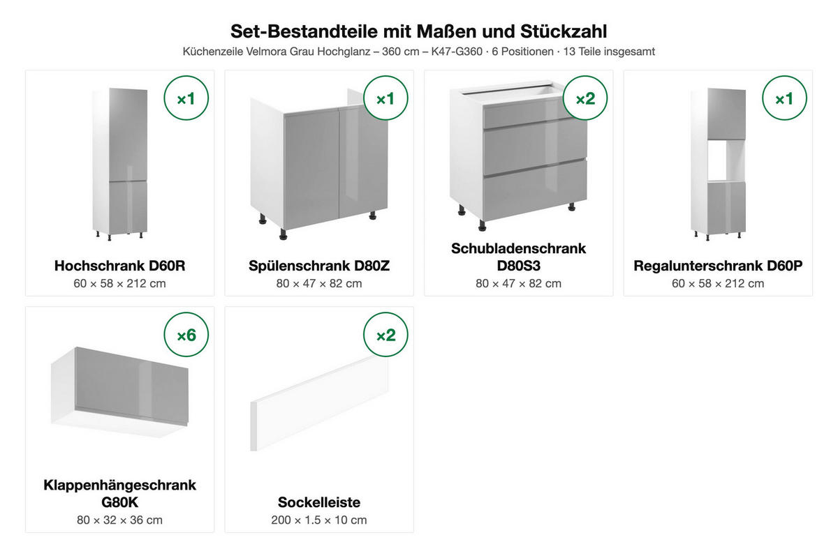 KÜCHENZEILE – 360 cm – K47-G360 – Velmora – Grau – ohne E-Geräte - Grau, Holz (360/212/58cm) - ROYAL24_MARKT