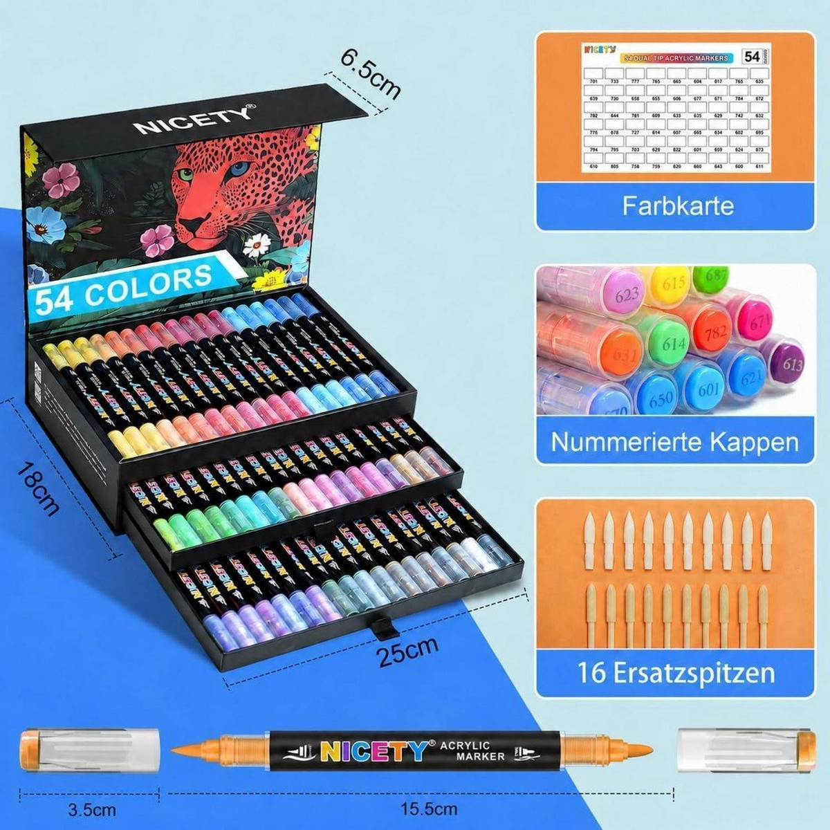 ACRYLSTIFTE Set 54 Farben Dual Tip Wasserfest - Multicolor, Kunststoff (1.1/1.1/15.5cm)