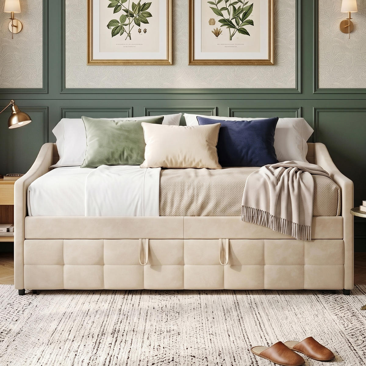 POLSTERBETT Tagesbett 90/200 cm erweiterbar auf 180/200 cm Samtoptik Creme - Beige, Textil (90/200cm) - Creahappy