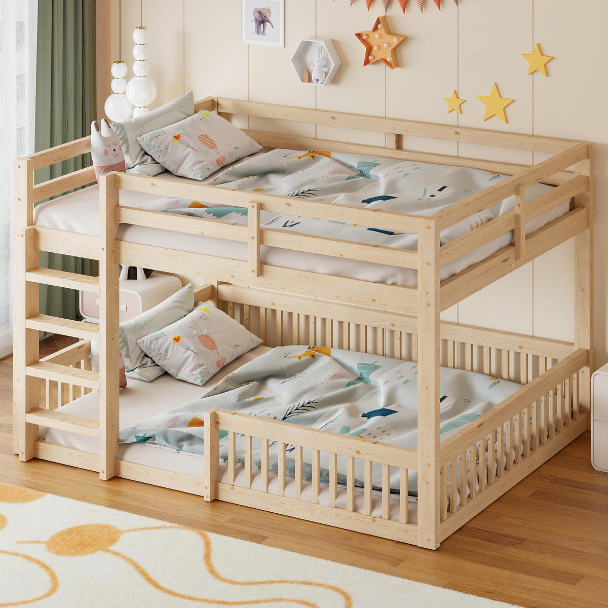 ETAGENBETT 160/200 cm in Natural mit Schutzgittern und hoher Belastbarkeit aus MDF und Kiefer - Naturfarben, Holzwerkstoff - STILVORA