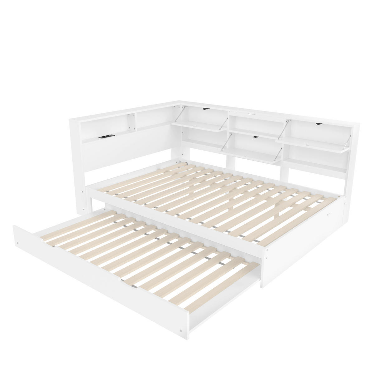 TAGESBETT 140/200 cm mit Ausziehbett, Stauraum-Kopfteil und USB-/USB-C-Anschluss, Weiß - Weiß, Holzwerkstoff (140/200cm) - Redom