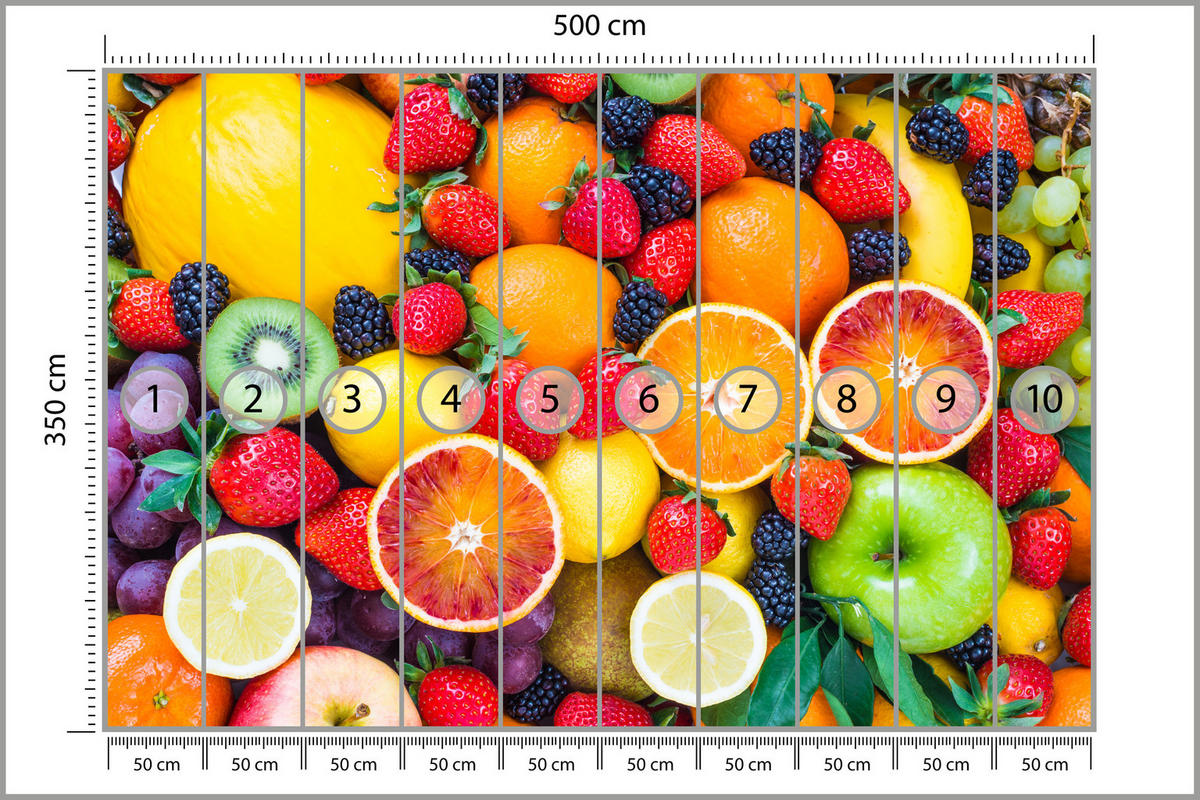 FOTOTAPETA Pre Kuchyňu Čerstvé Ovocie Jahody Pomaranče Citróny Farebná 500 x 350 cm - oranžová/žltá, papier (500/350cm) - Muralo