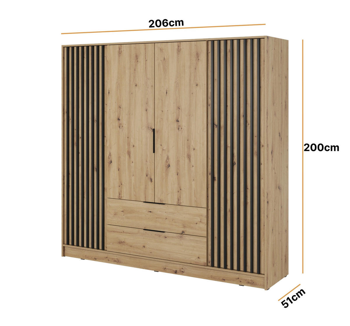 KLEIDERSCHRANK Stilo in Eiche Artisan, viertürig, mit Spiegel und Lamellen an der Front - Schwarz/Eiche Artisan, Holzwerkstoff/Kunststoff (206/200/51cm) - Ravio
