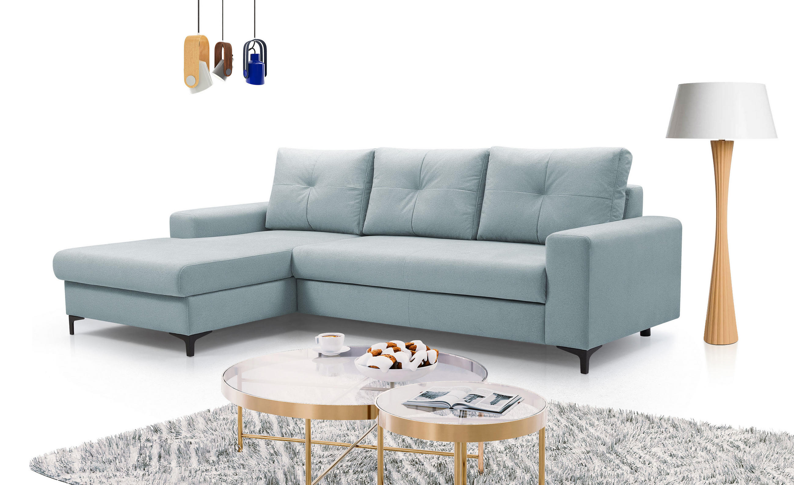 ECKSOFA AVRA L-förmig, mit Stauraumbehälter-in RINO-Stoff, Komfort & Eleganz, lose Rückenkissen, freistehend, LINKS 165x251x85 cm Light blue - Hellblau, Holz/Textil (165/251cm) - DomoHome