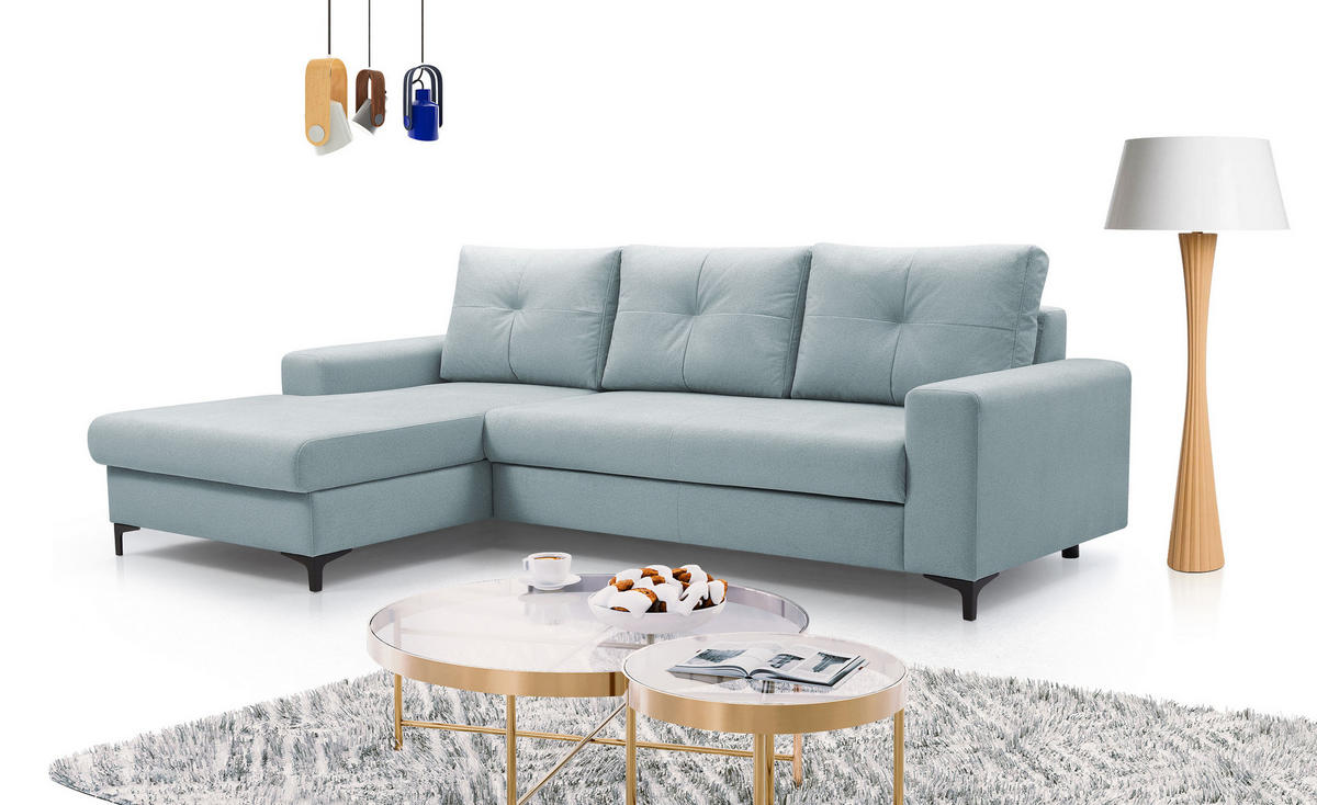 ECKSOFA AVRA L-förmig, mit Stauraumbehälter-in RINO-Stoff, Komfort & Eleganz, lose Rückenkissen, freistehend, LINKS 165x251x85 cm Light blue - Hellblau, Holz/Textil (165/251cm) - DomoHome