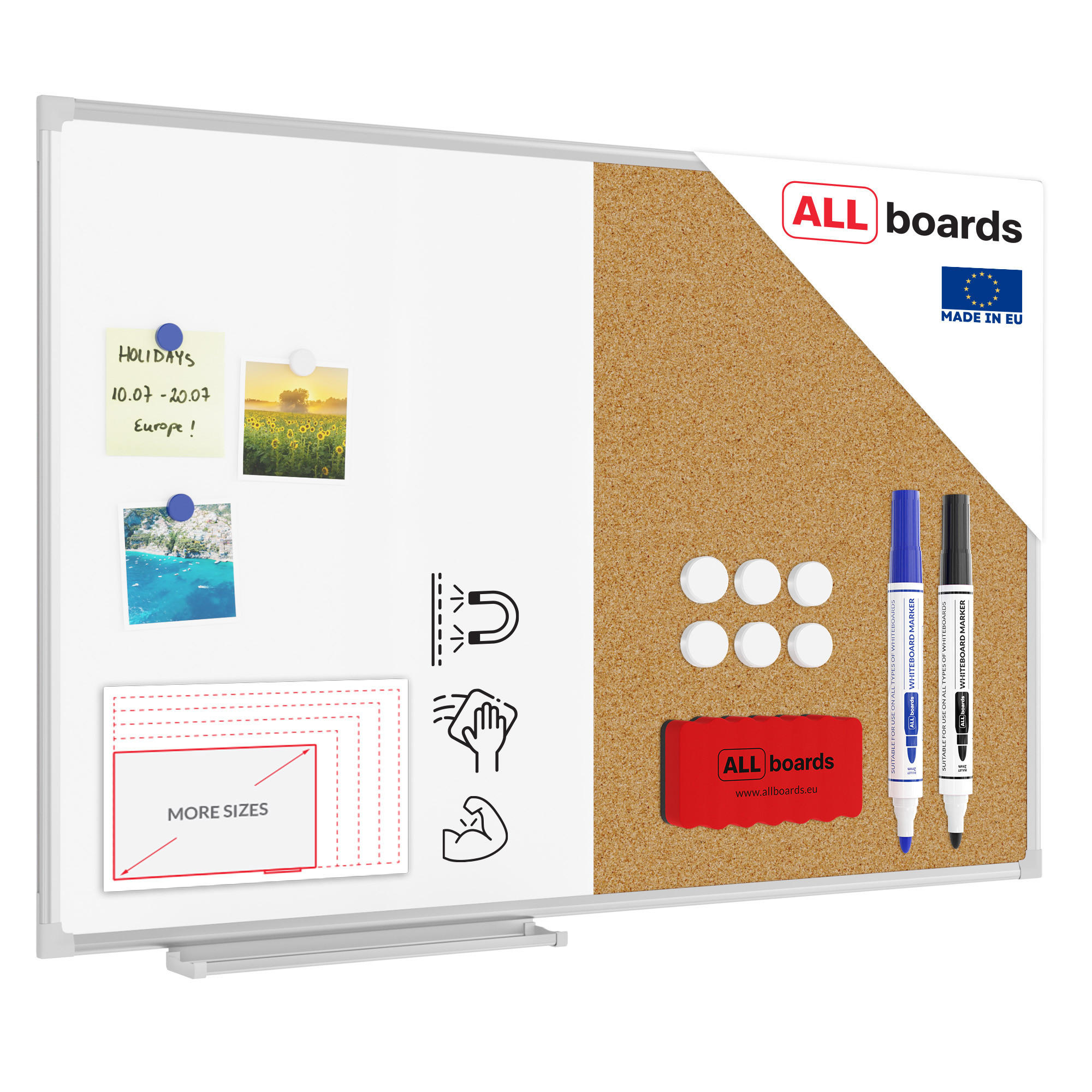 KOMBITAFEL Whiteboard und Kork-Pinnwand mit Alurahmen 90x60cm - Weiß, Metall (90/60/1.4cm) - ALLboards
