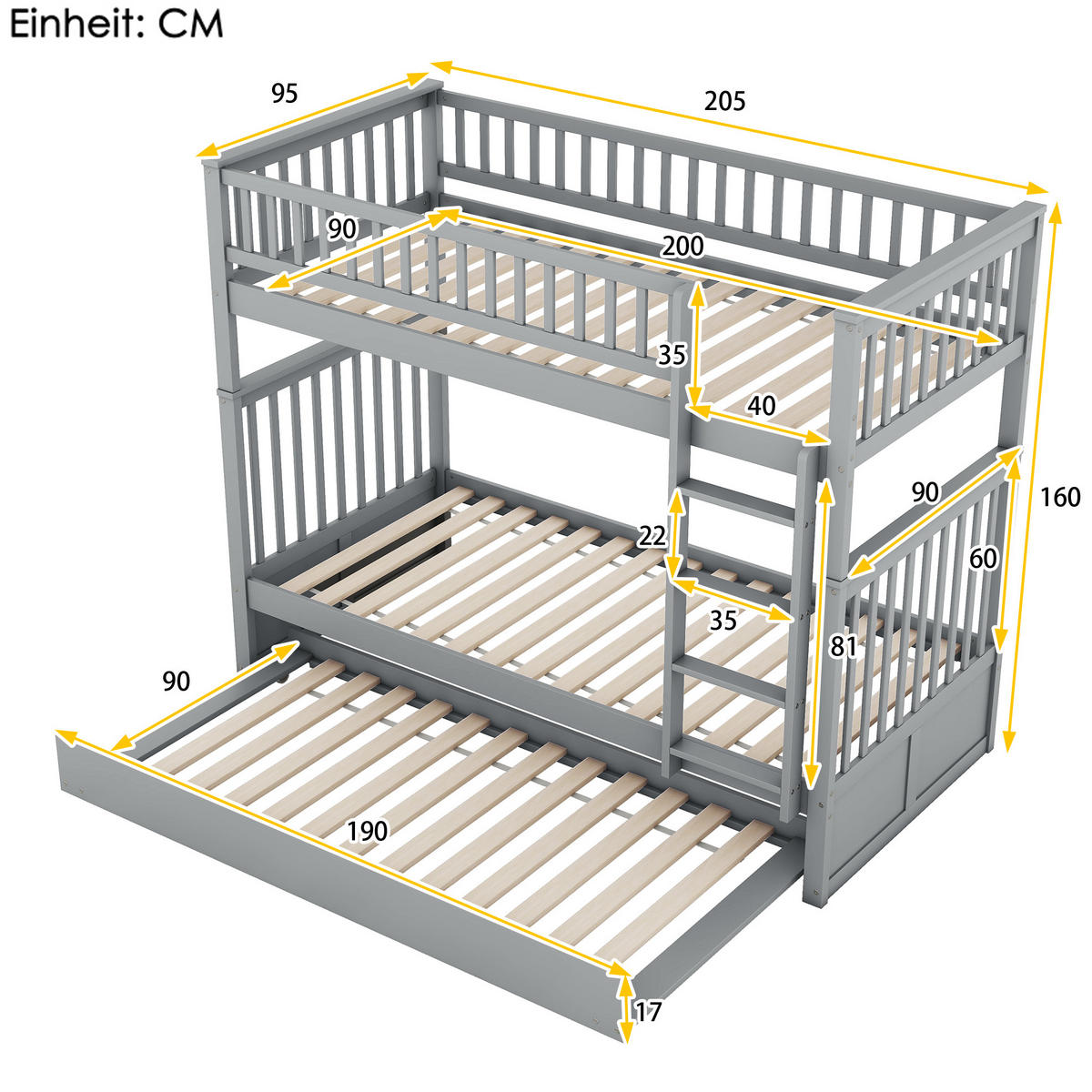 ETAGENBETT aus Kiefernholz und MDF 90x200 cm Grau mit Ausziehbett und Treppe - Grau, Holzwerkstoff (90/200cm) - IVMEU
