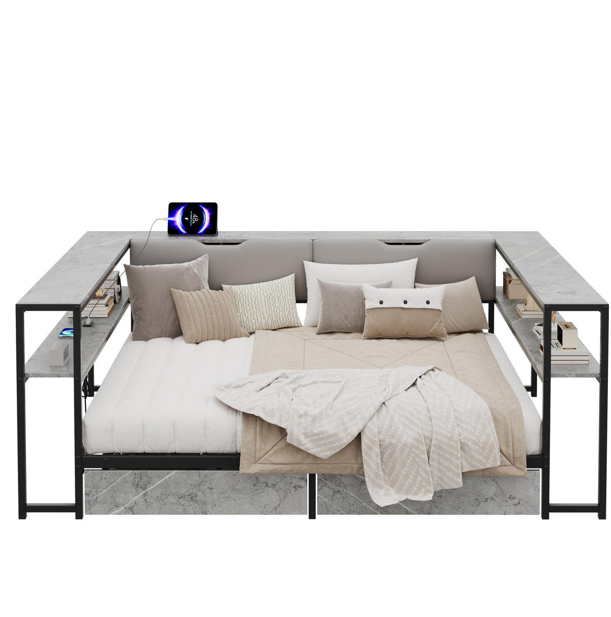 POLSTERBETT 140/200 cm grau aus MDF und Metall mit USB-C und 2 Schubladen - Grau, Holzwerkstoff (140/200cm) - OKWISH