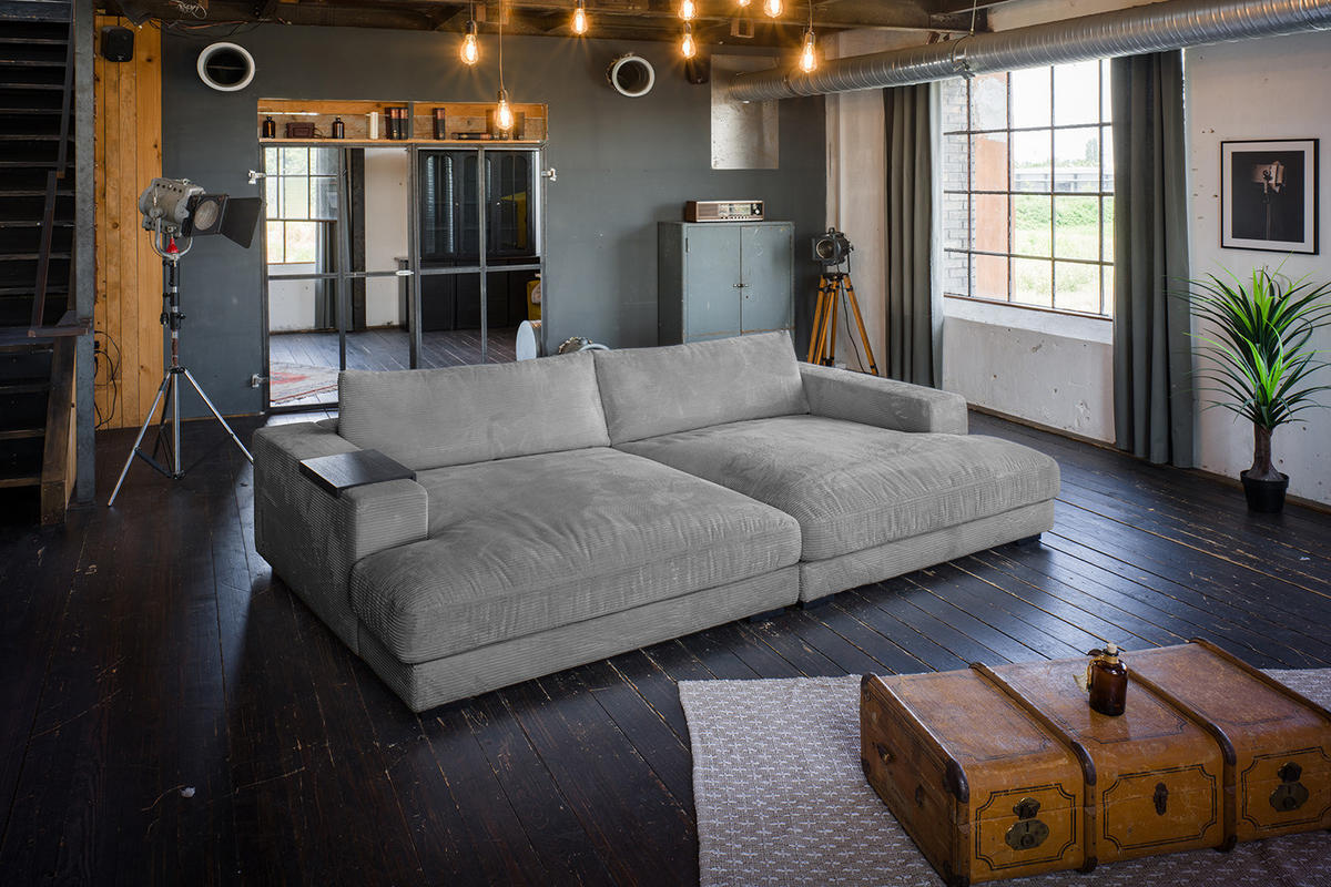 BIG SOFA-SET MIT TABLETT SCHWARZ MADELINE Grau Cord - Schwarz/Grau, Kunststoff/Textil (290/85/170cm) - KAWOLA