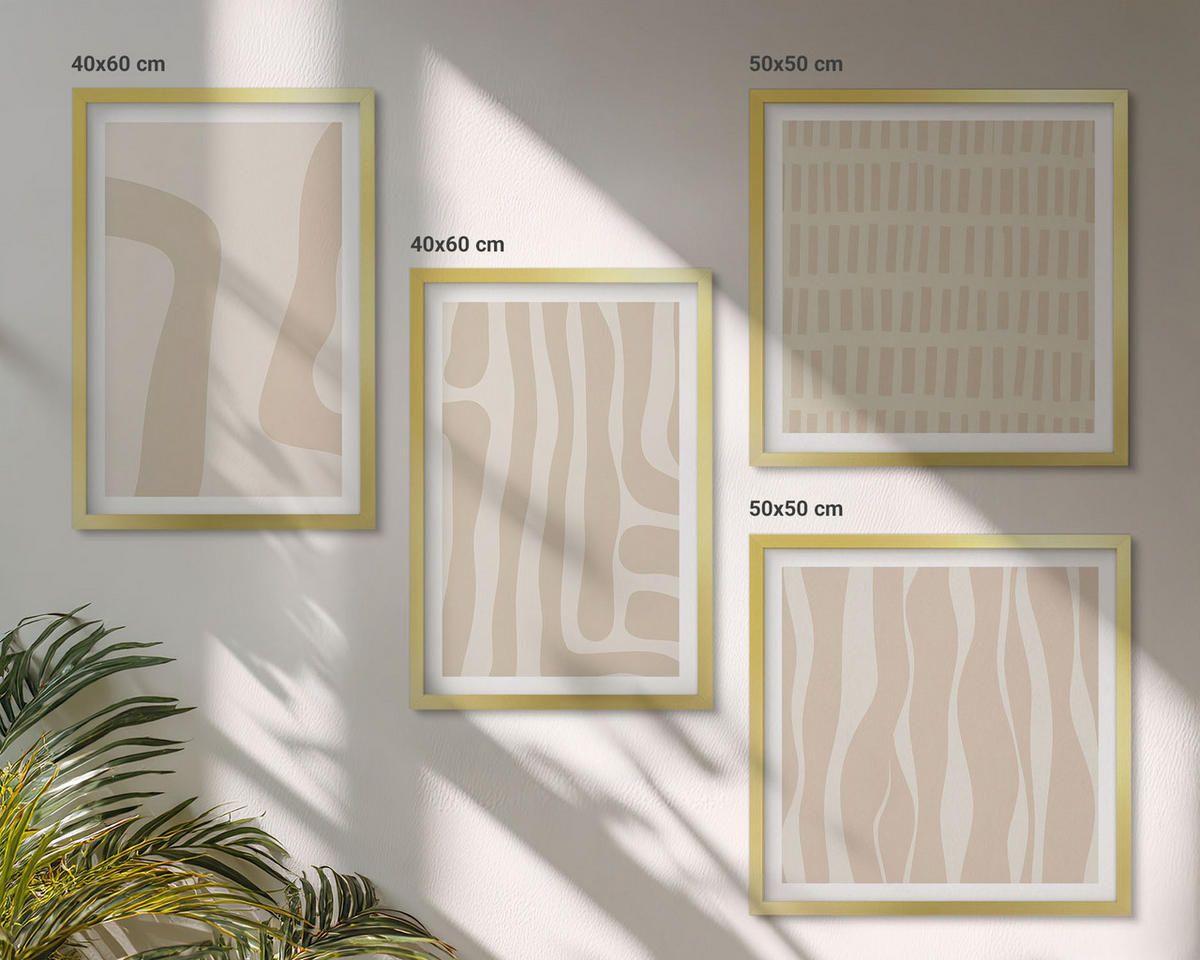 BILDER SET 4er Set - 50x50 cm & 40x60 cm Goldrahmen - Abstrakte Boho-Musterformen - Goldfarben, Kunststoff (50/50cm) - TULUP