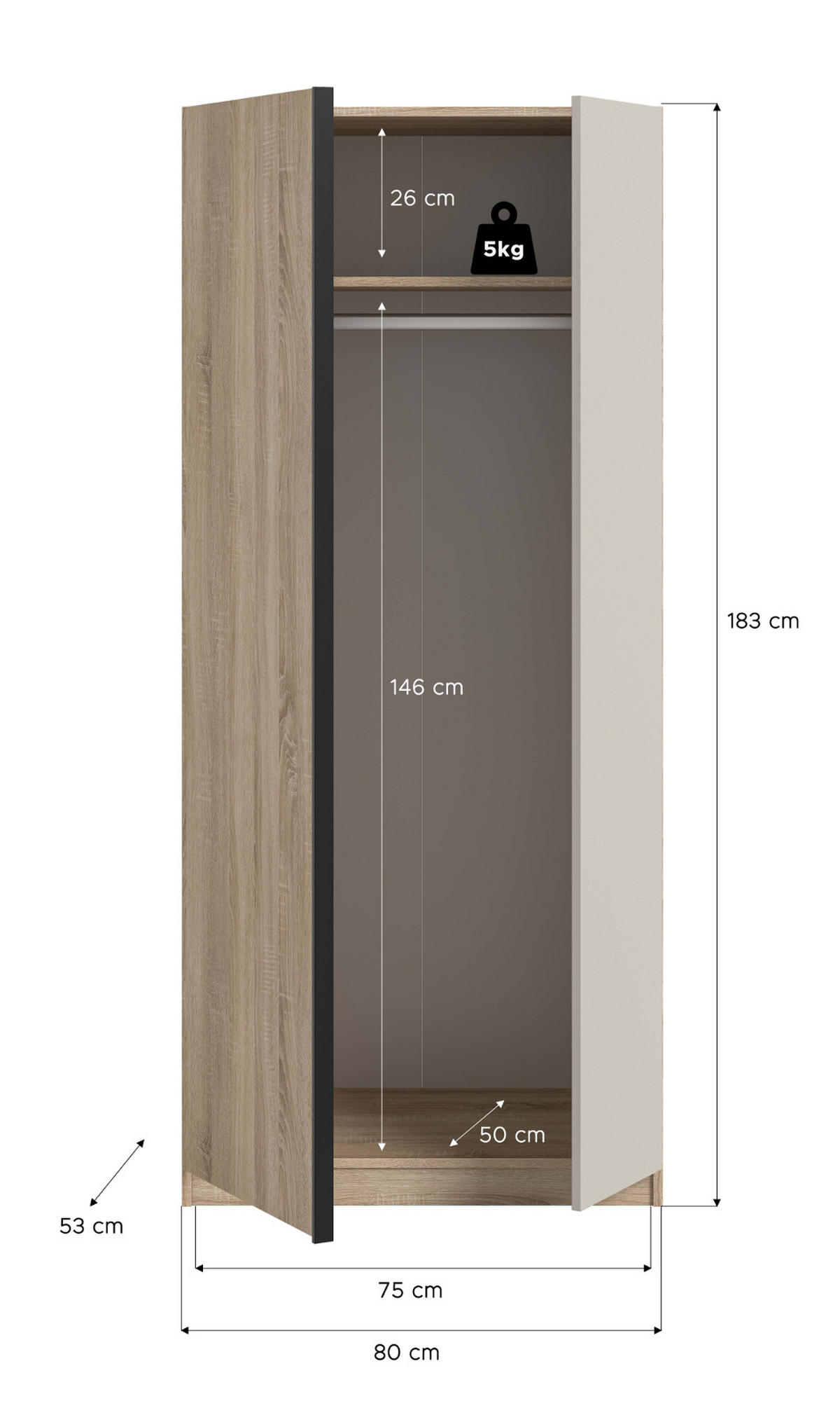 KLEIDERSCHRANK Eiche Sonoma, Kaschmir 2-türig 80 x 183 cm, Drehtürenschrank inklusive Einlegeböden - Kaschmir/Eichefarben, Holzwerkstoff/Kunststoff (80/183/53cm) - Inn.Furn