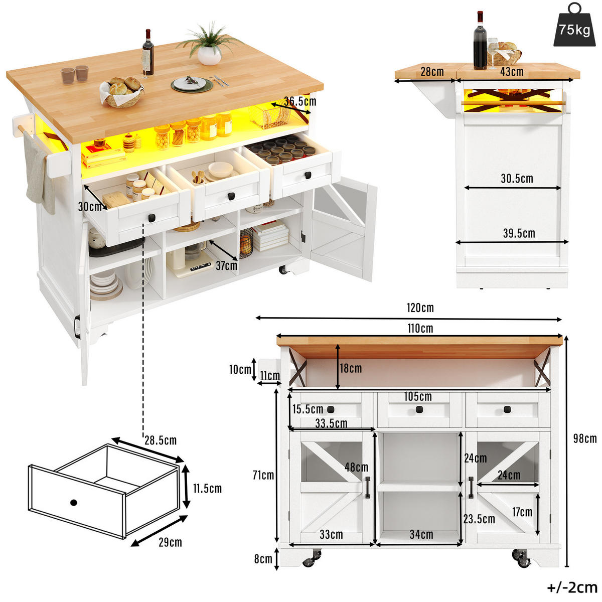 KÜCHENWAGEN mit Klapptisch, LED und Stauraum 120 cm Weiß - Weiß, Holz (71/98/120cm) - Beauniv