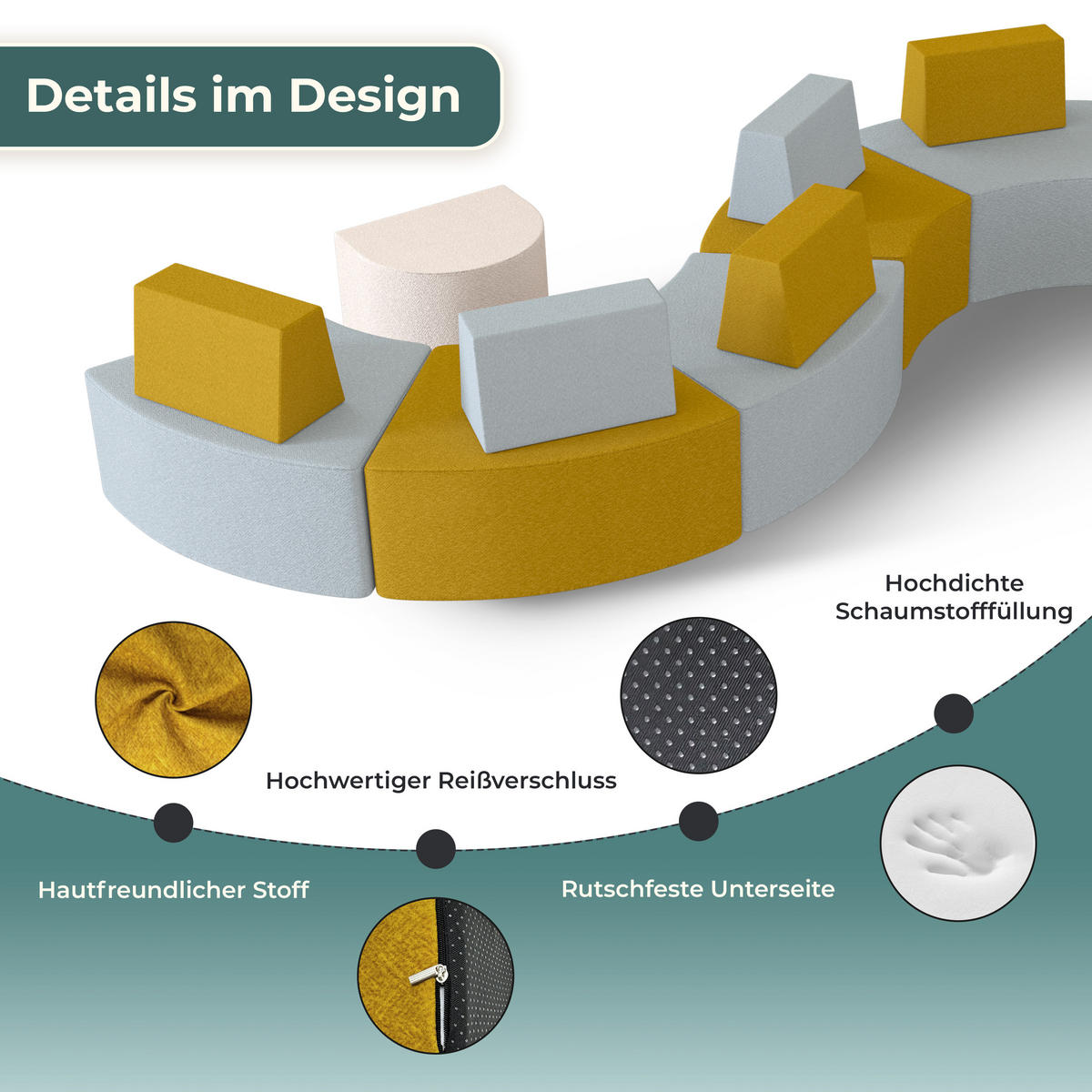 SOFA Geschwungenes kombinierbar zweifarbig - Gelb/Hellblau, Textil (96/40/70cm) - Vercart