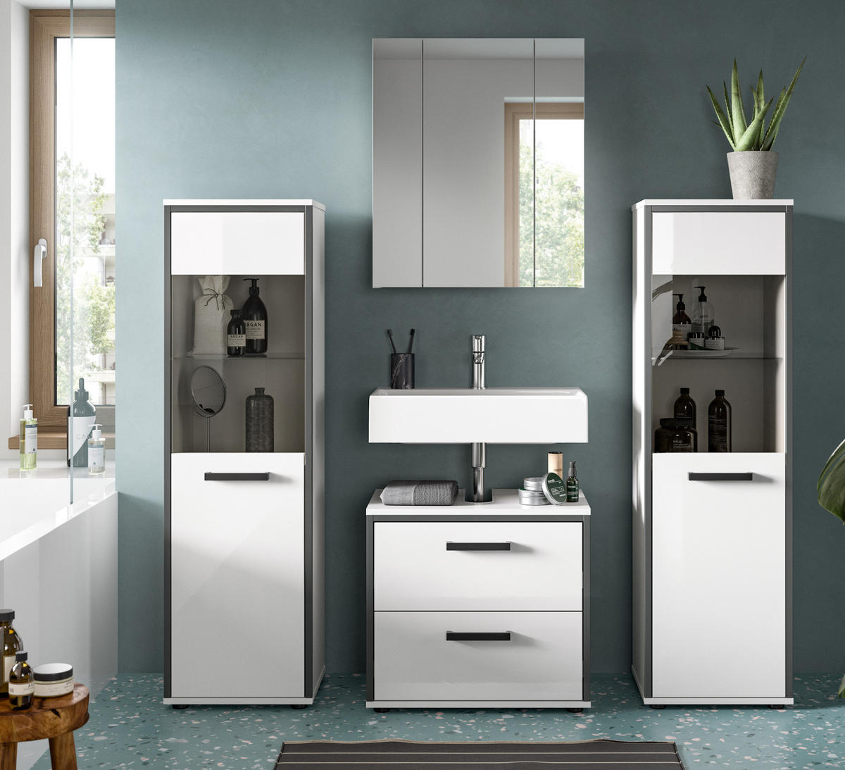 BADMÖBEL-SET 4-teilig 170 cm weiß Hochglanz, grau, Badezimmerschränke mit viel Stauraum - Weiß Hochglanz/Schwarz, Glas/Holzwerkstoff (170/190/37.5cm) - Inn.Furn