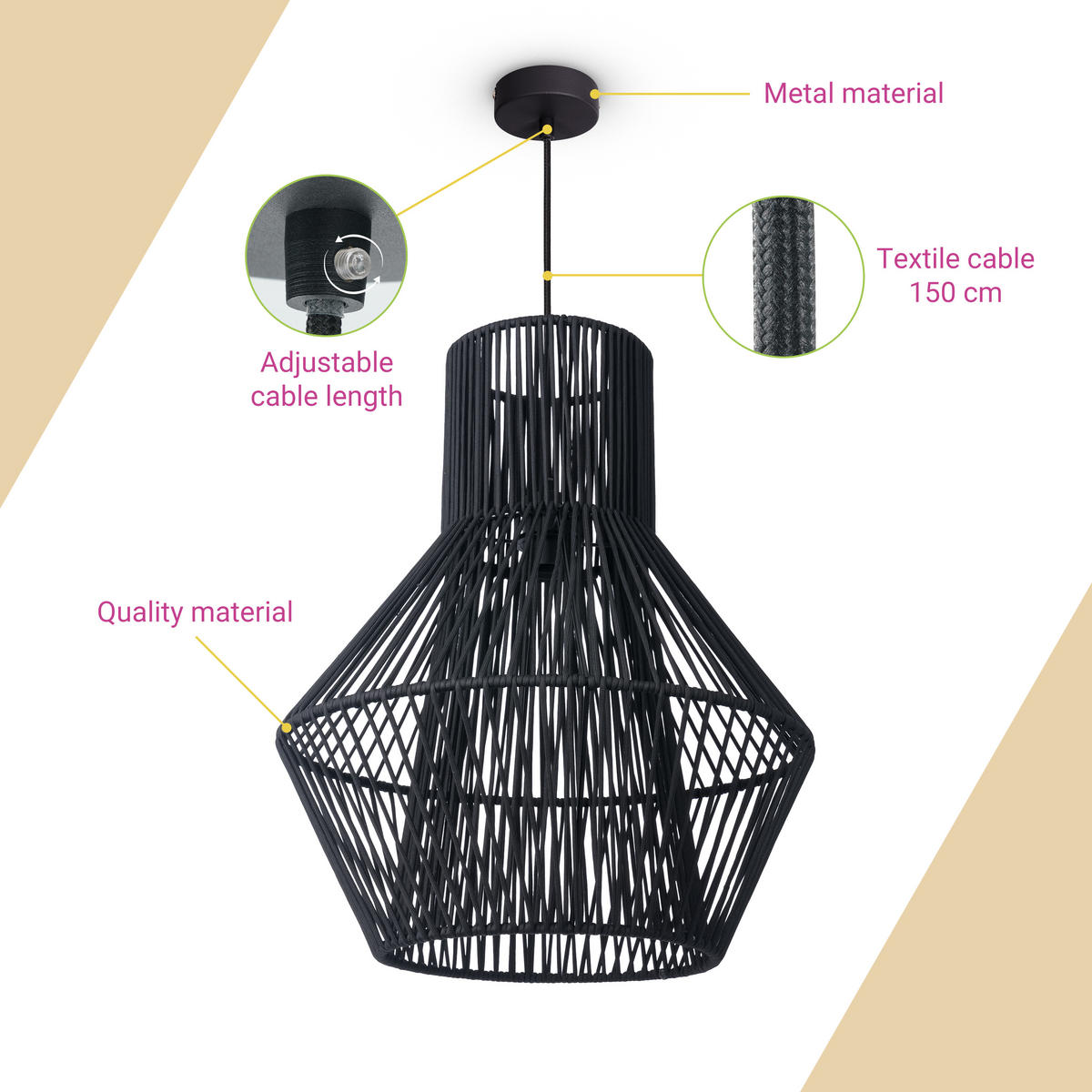 PENDELLEUCHTE Hugo Pd1 Malena - Schwarz, Metall (45/45/55cm) - Paco Home