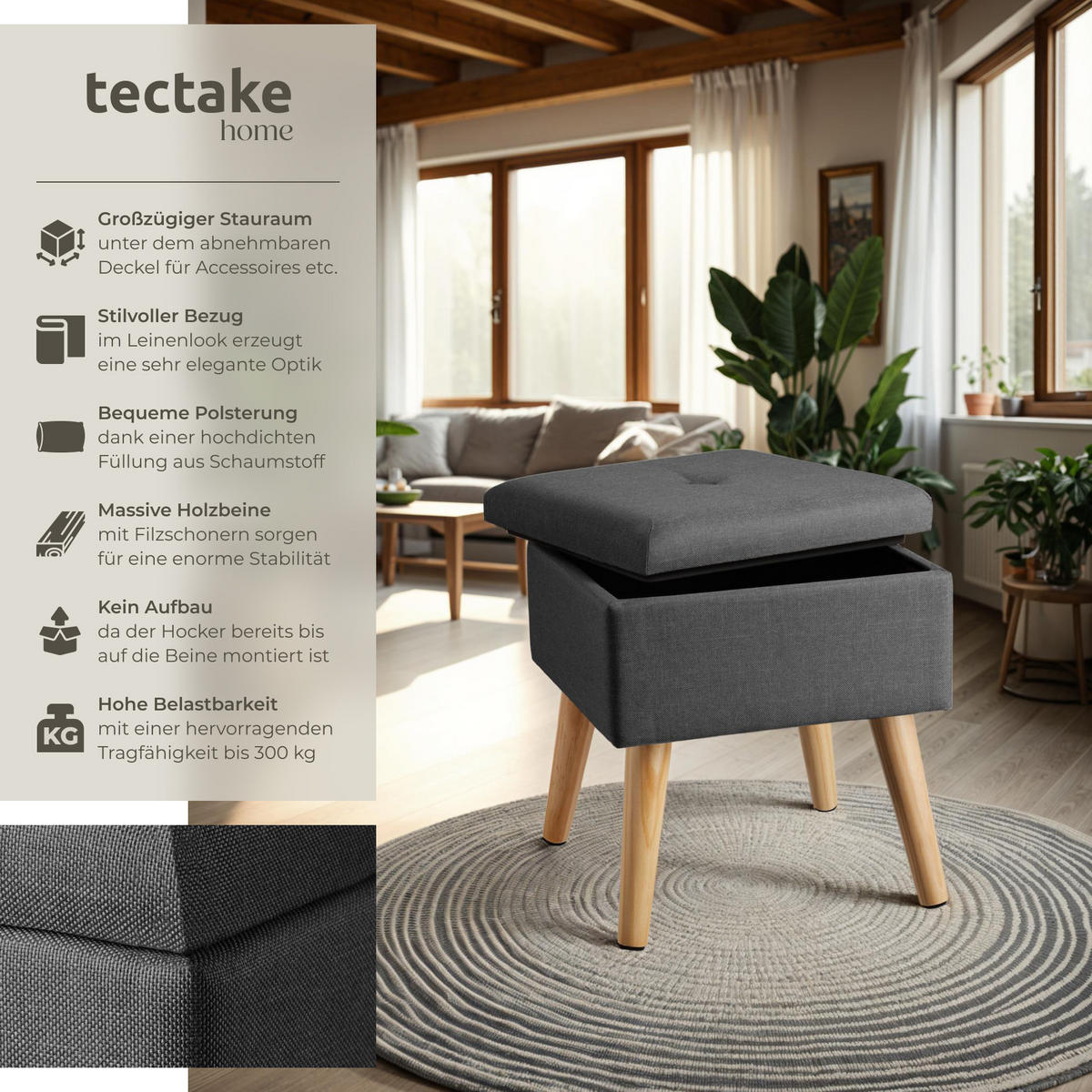 SITZHOCKER mit Stauraum Elva,32,5 x 32,5 x 36,5 cm,dunkelgrau - Dunkelgrau, Holz (32.5/36.5/32.5cm) - tectake