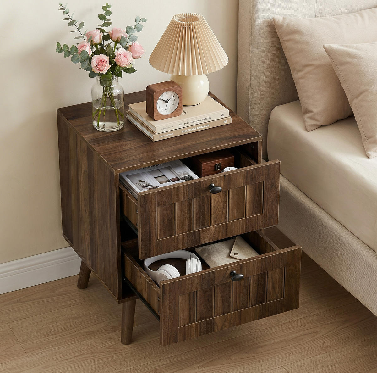 NACHTTISCH 43,5/57,5/40 cm Walnussfarben aus MDF und Spanplatte mit 2 Schubladen - Walnussfarben, Holzwerkstoff (43.5/58/40cm) - OKMYHOME