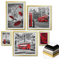 WANDBILDER 5er Set - 50x50 cm & 20x30 cm & 40x60 cm Goldrahmen - Ginkgoblätter, heller Hintergrund - Goldfarben, Kunststoff (40/60cm) - ArtPrintCave