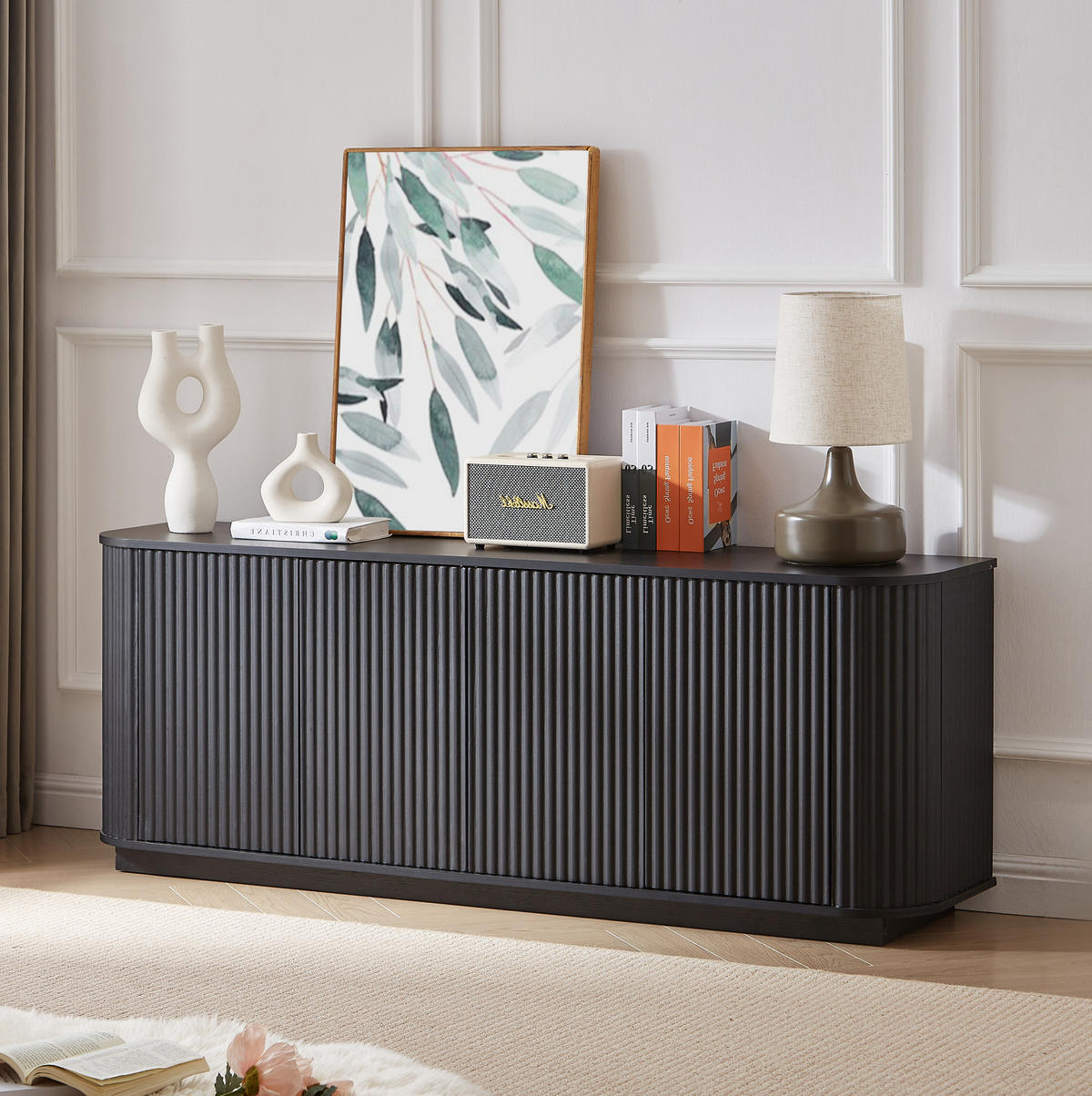 SIDEBOARD 162,5/38/61 cm in Schwarz mit Wellenfront und 4 Türen - Schwarz, Metall (162/61/38cm) - Flora Grace