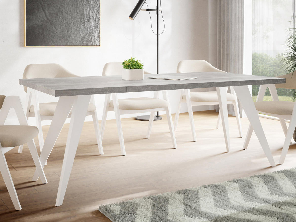 ESSTISCH Quadro quadratischer ausziehbarer, Grauer Beton 100-150/100/76 cm - Hellgrau/Weiß, Holz/Holzwerkstoff (100/150/76cm) - WFL GROUP