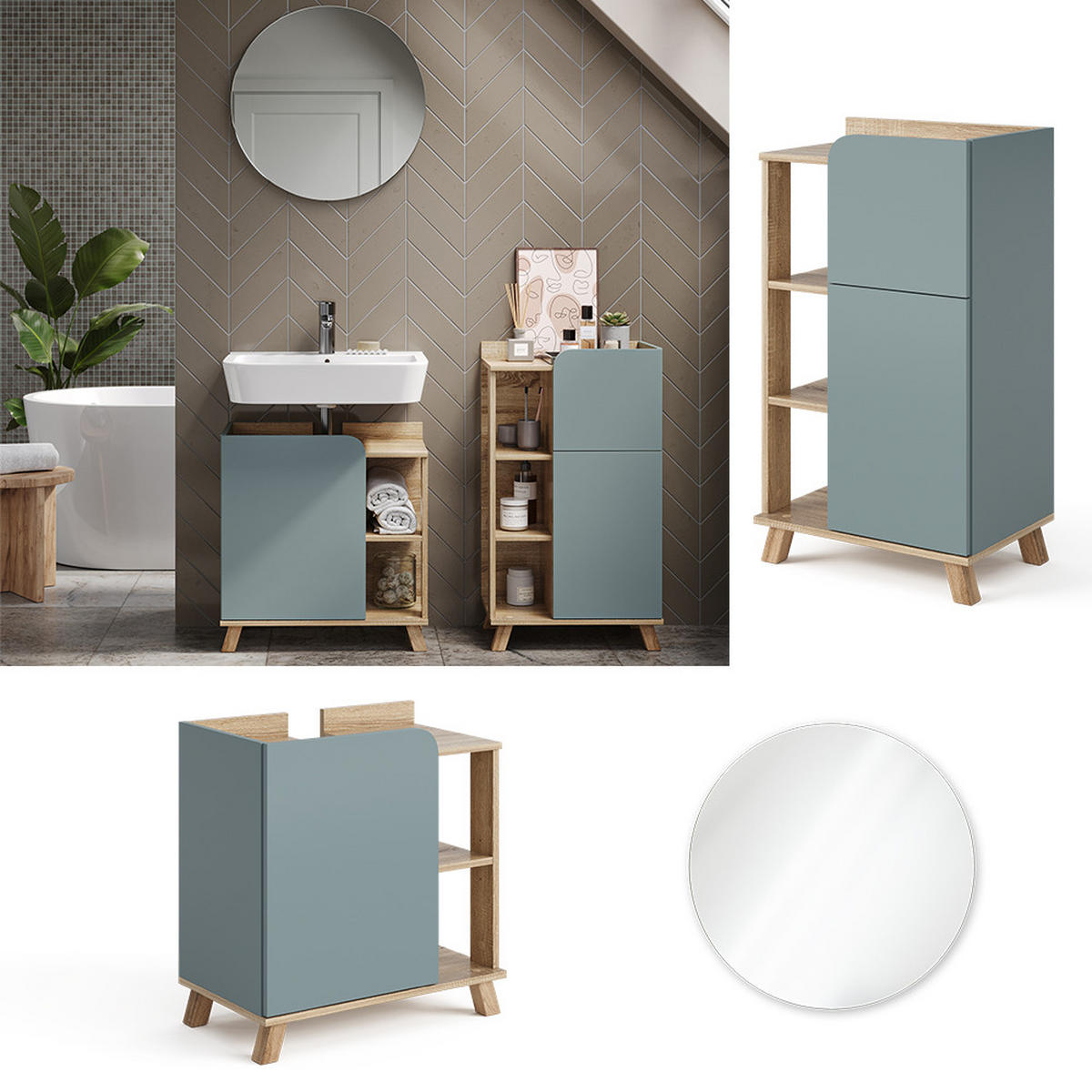 BADMÖBEL-SET Karen Blau-Grau 3 Teile, mit Midischrank - Dunkelblau/Sonoma Eiche, Holzwerkstoff (60/65/35cm) - Vicco