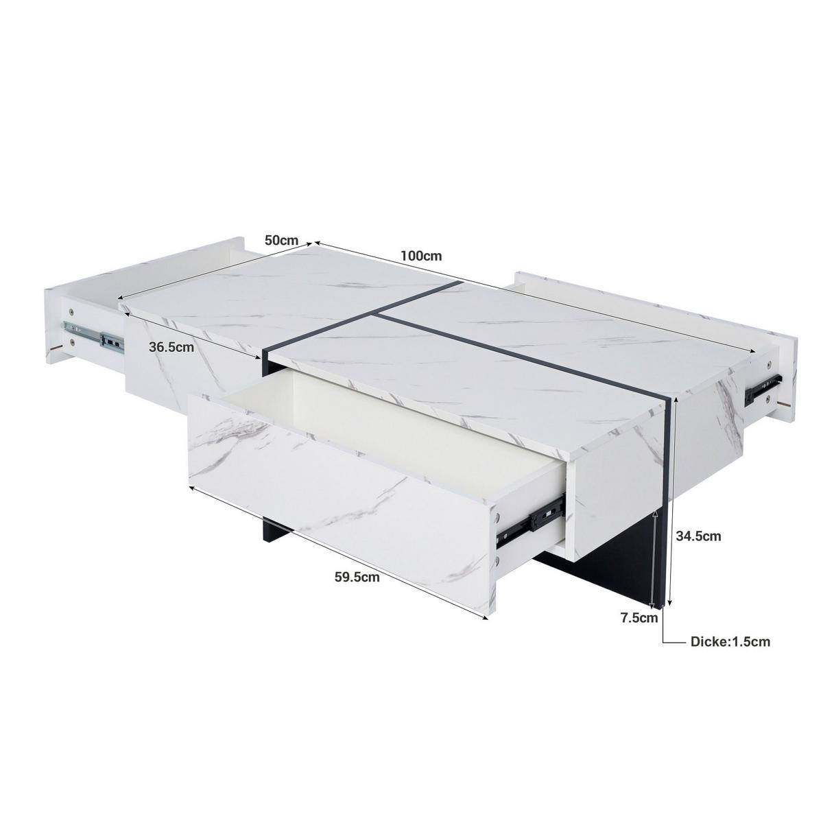COUCHTISCH Weiß Hochglanz mit LED, Stauraum und Schubladen - Weiß, Metall (100/50/34cm)