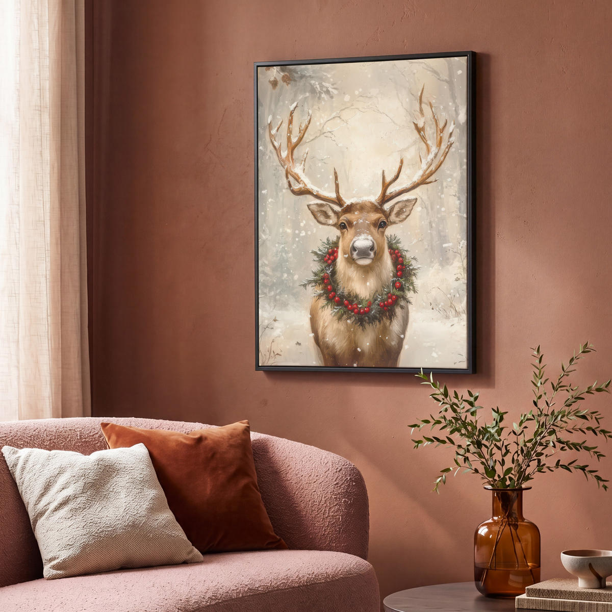 LEINWAND Bilder mit Rahmen - Weihnachten - Rentier - Winter - Kranz - 70x100 - Naturfarben, Textil (70/100cm) - MuchoWow