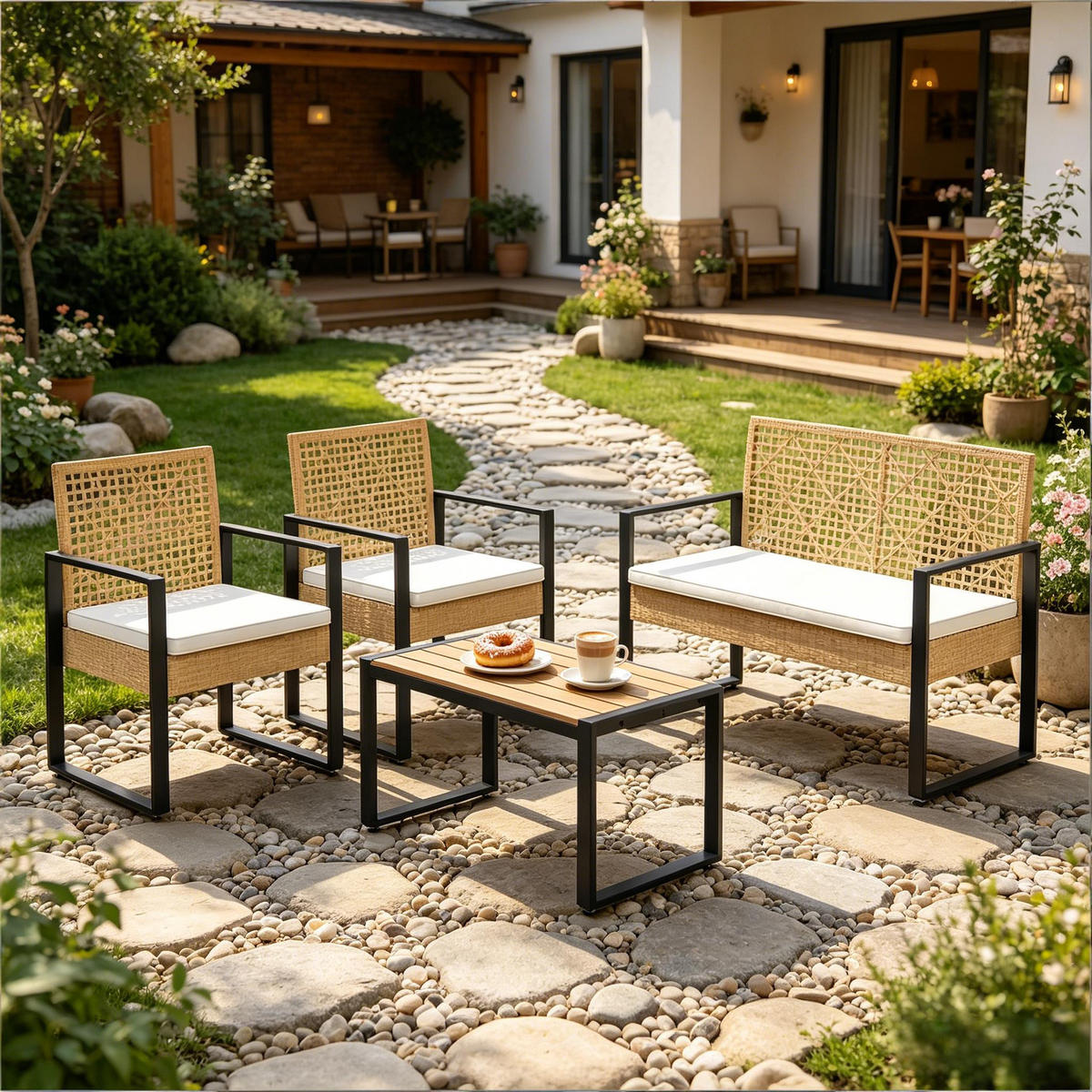 GARTENMÖBEL-SET Naturholz 4-teilig inkl. Couchtisch & abnehmbaren Polstern - Naturfarben, Naturmaterialien - PANGIVO