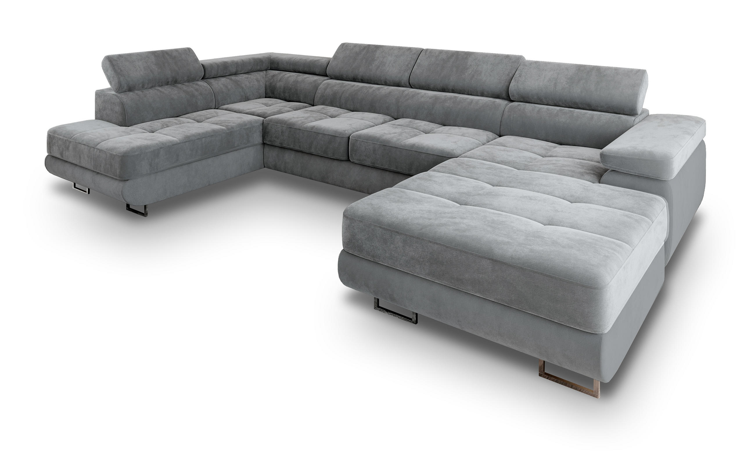WOHNLANDSCHAFT CASONE L-S Hellgrau Velours-Stoff mit Schlaffunktion - Hellgrau, Holz (345/90/202cm) - MASSENO