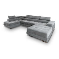 WOHNLANDSCHAFT CASONE L-S Hellgrau Velours-Stoff mit Schlaffunktion - Hellgrau, Holz (345/90/202cm) - MASSENO