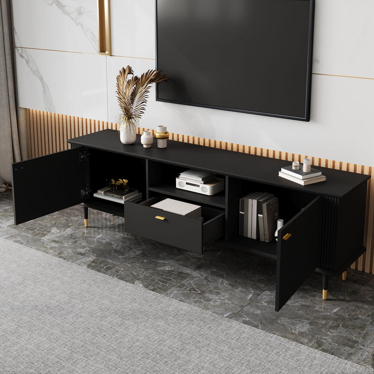 TV-LOWBOARD 170/36/54 cm schwarz aus MDF mit Soft-Close - Schwarz, Holzwerkstoff (36/54/170cm) - OKWISH
