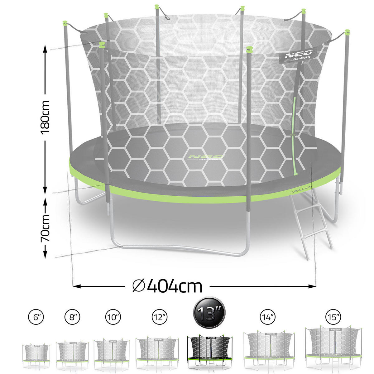 GARTENTRAMPOLIN 13 ft/404 cm mit Innennetz und Leiter - Grün, Metall (404/404cm)