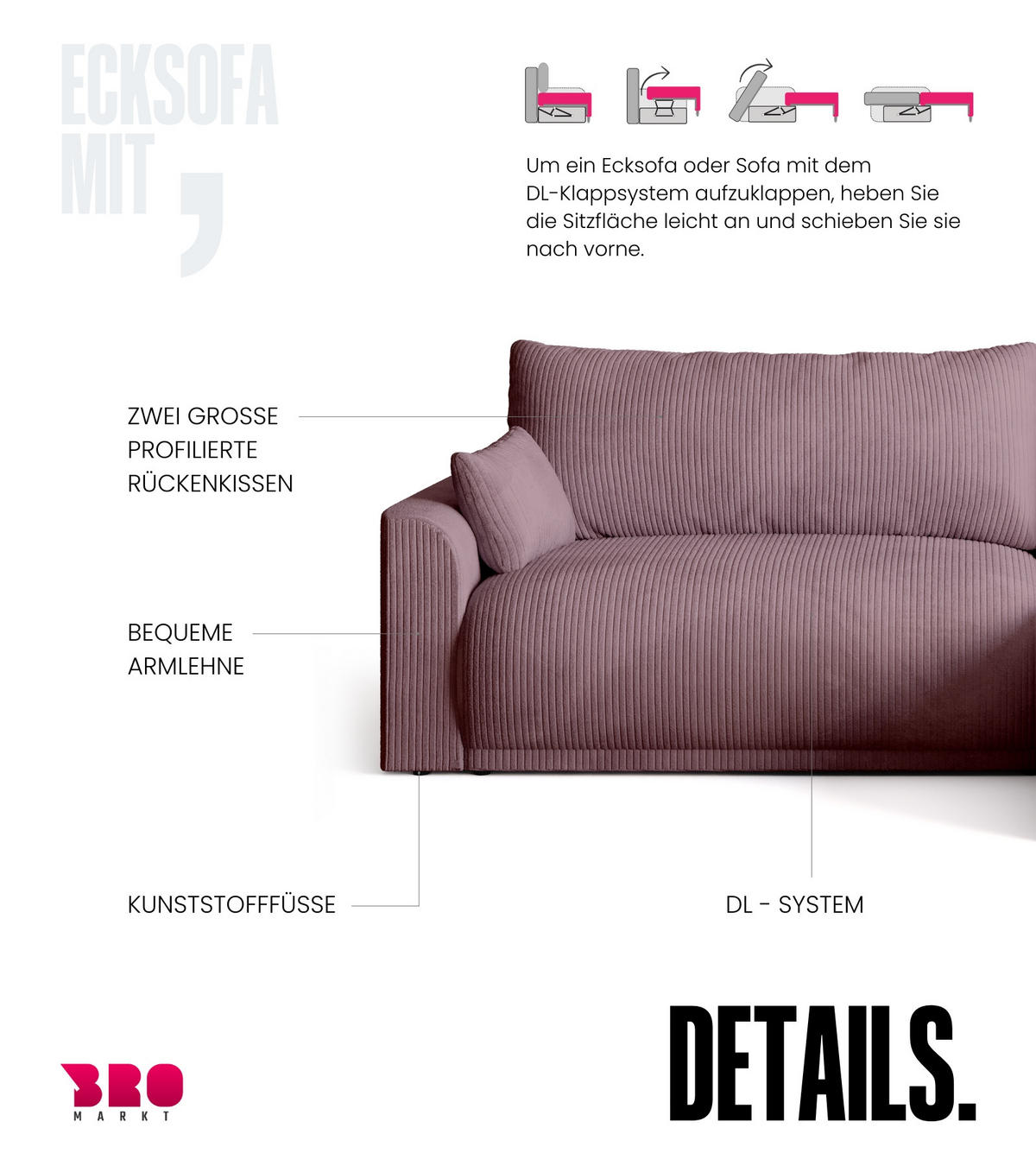 ECKSOFA MORENO mit Schlaffunktion Puderrosa Cord - Pink, Textil (262/160cm) - Bromarkt