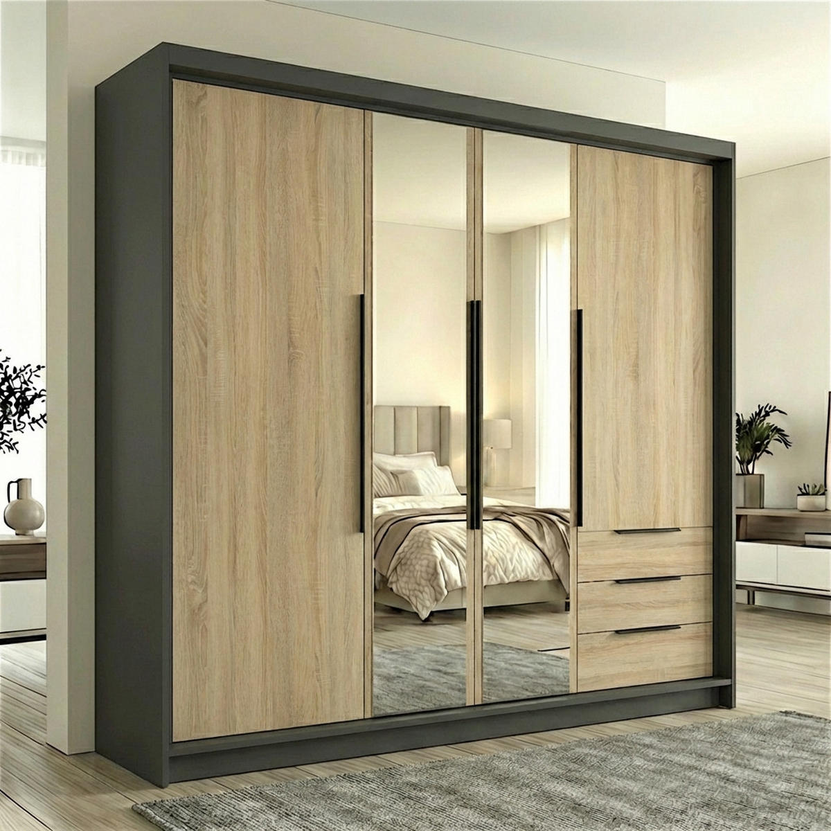 DREHTÜRENSCHRANK VIVO 200 cm Farbe: Graphit | Sonoma | Sonoma - Graphitfarben/Braun, Holzwerkstoff/Metall (200/215/59.5cm) - A&J MöbelLand