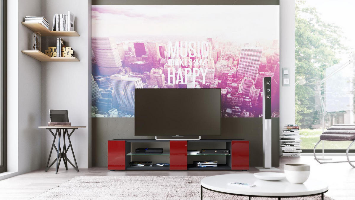 LOWBOARD Movie Fronten in Bordeaux Hochglanz - Bordeaux, Holzwerkstoff (135/30/39cm) - Vladon